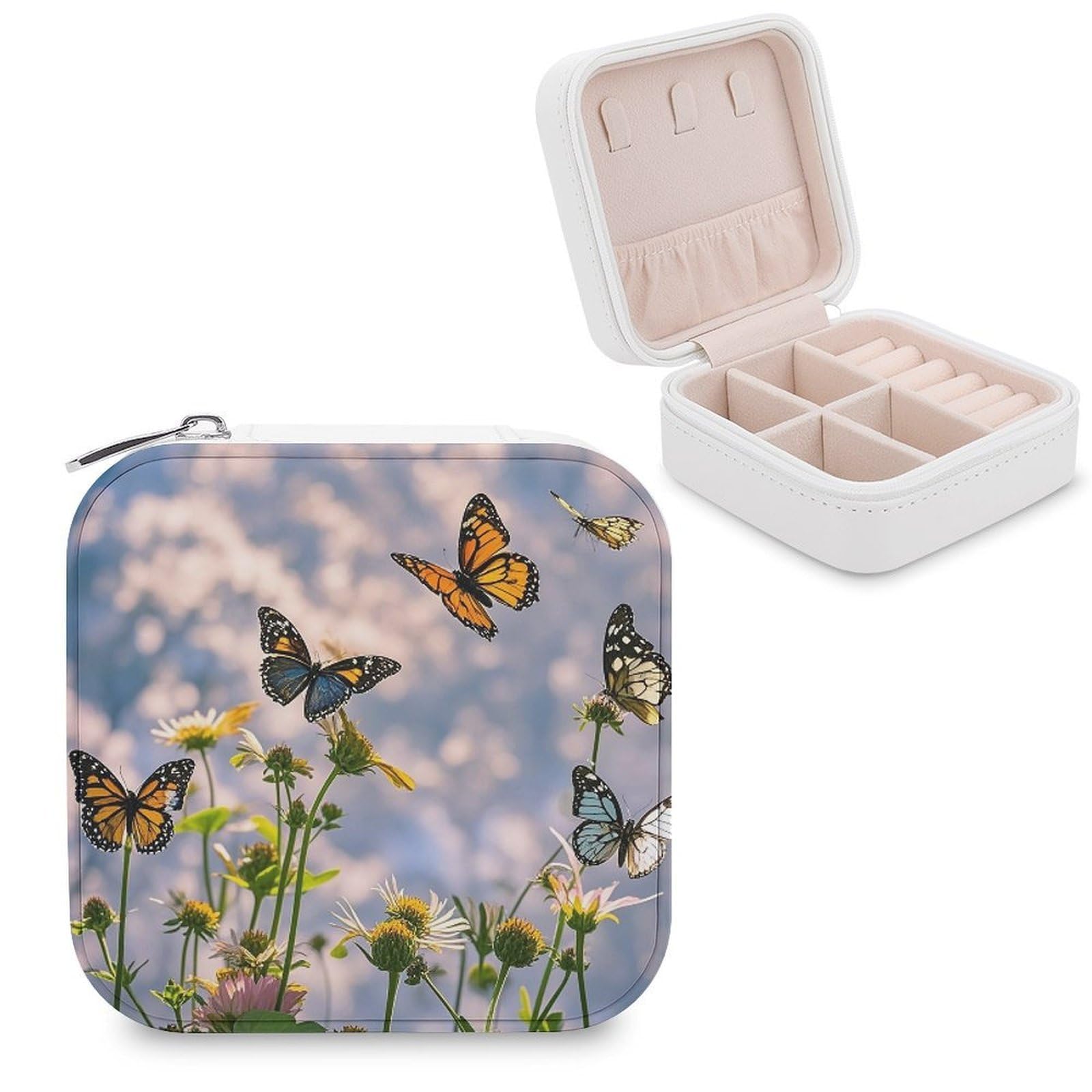 VstaDank Flying Butterflies Travel Jewelry Case Zipper Portable Small Jewelry Box Custom Pu Leather Mini Traveling Jewelry Organizer for Rings Earrings Necklace Bracelet Girls Women