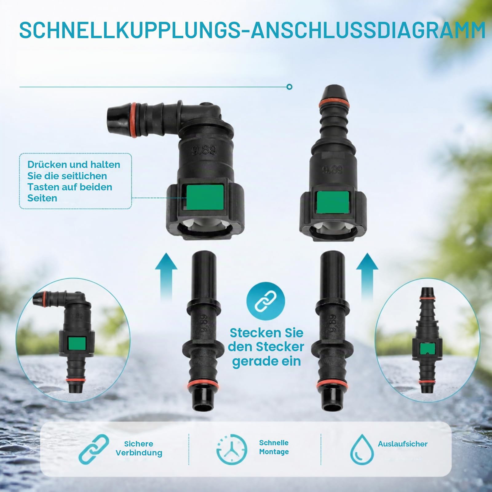 Kraftstoffleitung Reparaturset & Benzinleitung Set, Schnellverschluss Kraftstoffleitungsverbinder für Auto, Motorrad, Boot – Benzinschlauch Set mit SAE 9.89/9.49/7.89/6.3mm, gerade & 90° Winkel