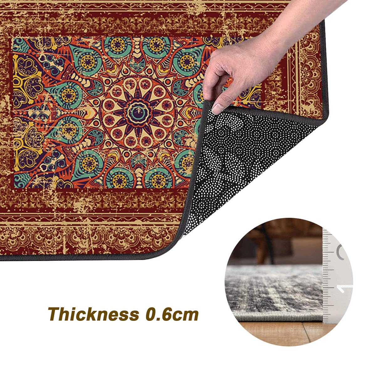 Antypoślizgowy chodnik w stylu vintage, 3 x 14,7 cm, czerwony, boho, zmywalny, chodnik do kuchni, przedpokoju, salonu, chodnik, mata pod drzwi z gumowym spodem, szerokość 40 - 120 cm