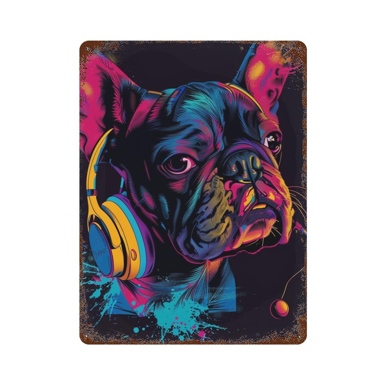 Distressed Metal Wall Sign with Colorful Bulldog Headphones Art Print Design 15.7"x11.8", for Shed, Workshop And Garage Wall Decor, Decorative Metal Wall Art