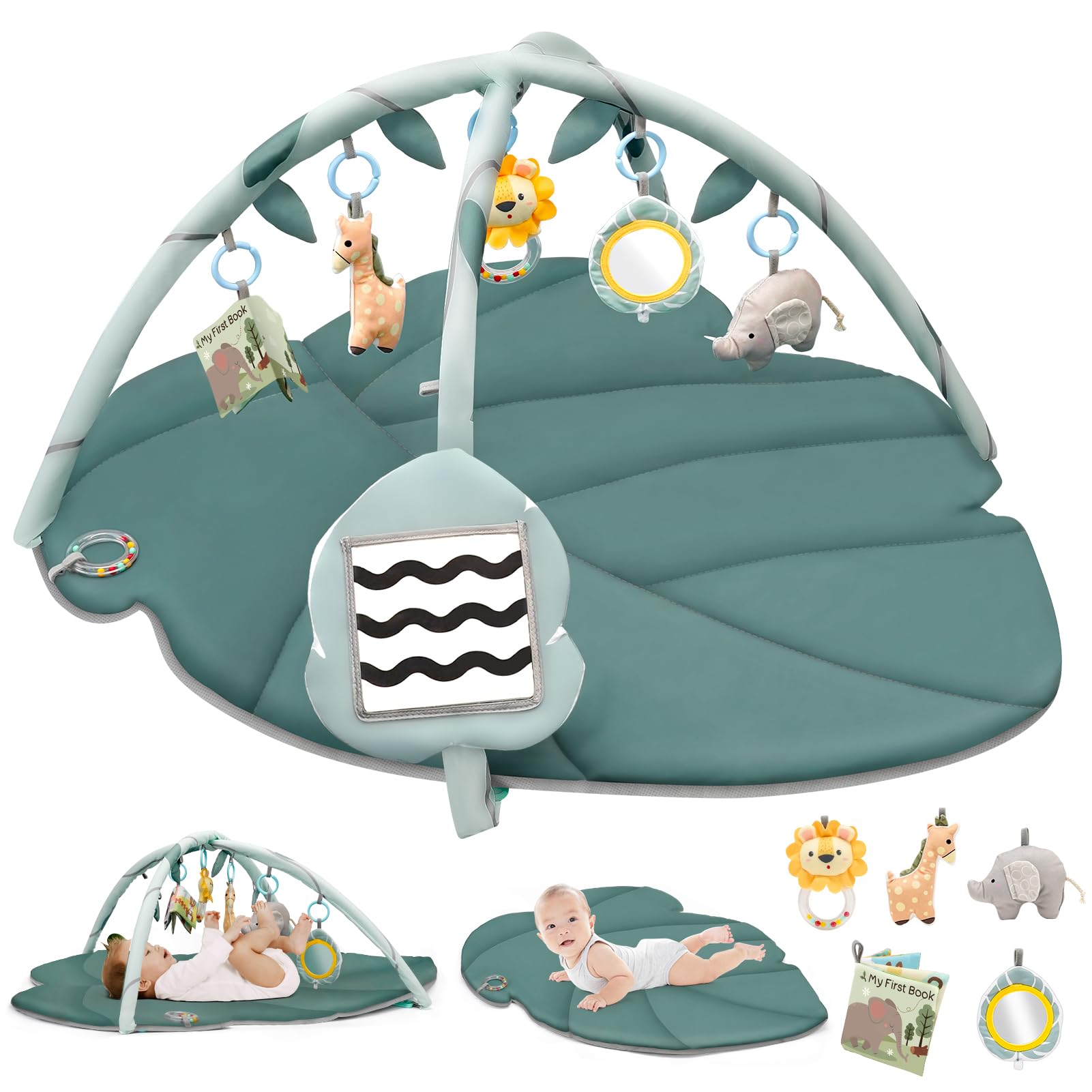 Spielmatte Baby mit Spielbogen, Vanplay Spieldecke Baby mit Bogen, Rutschfest Spieldecke Greifspielzeug Baby Stoffbuch, 6 Abnehmbaren Babyspielzeug, Geschenk Neugeborenes Junge Mädchen