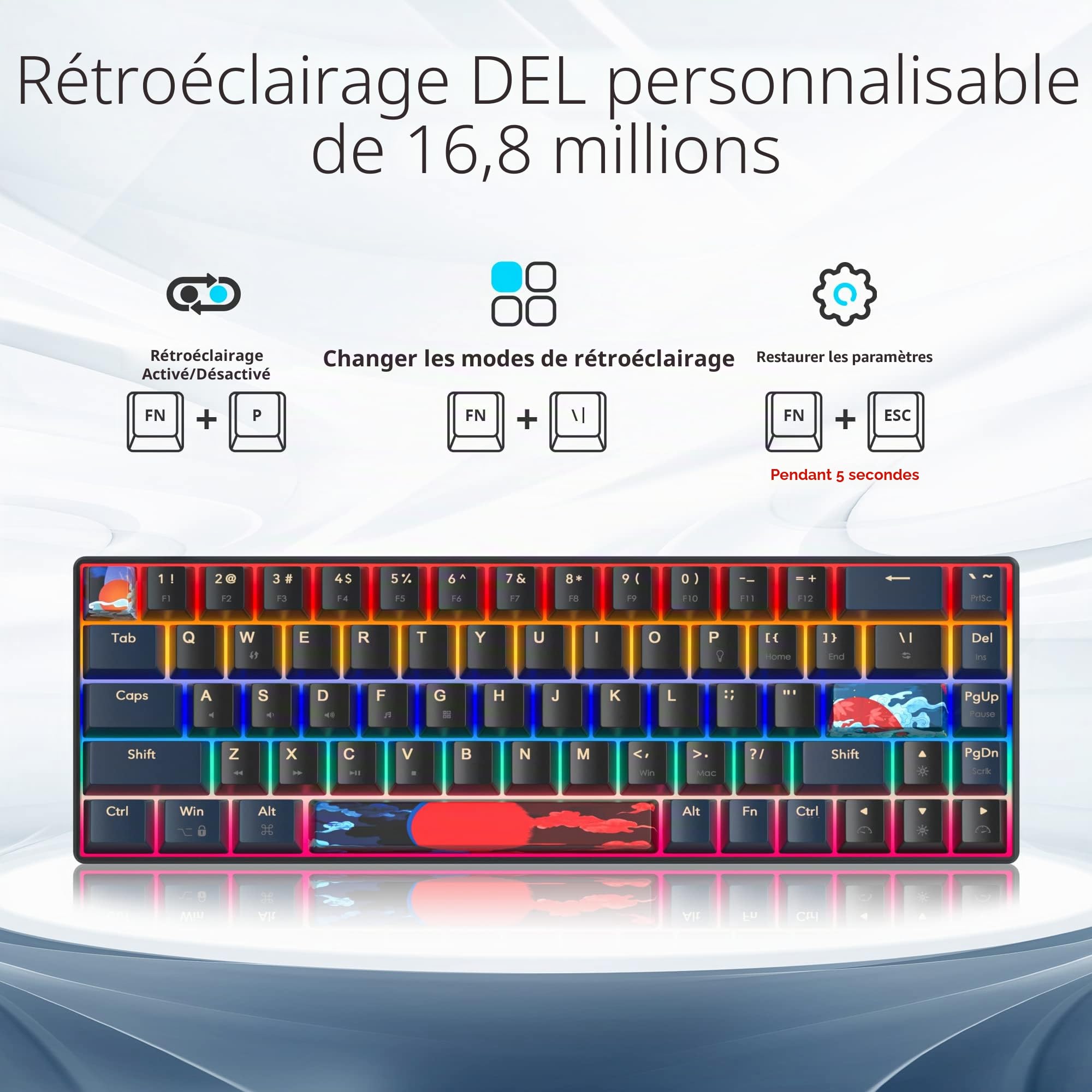 SOLIDEE Clavier de jeu mécanique 65%, 68 touches avec interrupteurs linéaires rouges, filaire avec rétroéclairage LED, lumière mixte, compact (68 Black-Blue)