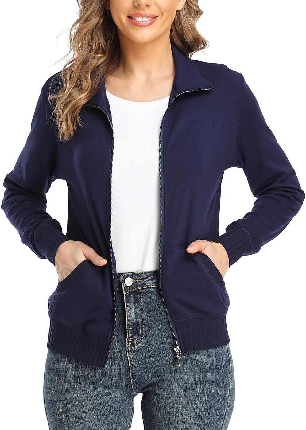 Women's Zip up Sweatshirt Jacket Stand Collar Hoodless Running Sweatshirt with Pockets - Image 2