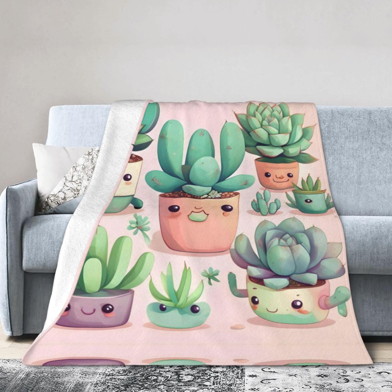 Lovely Succulent Plants 60"x50" Fleece Blanket, Full Size, Super Soft, Suitable for Bed, Sofa, Camping, All Seasons