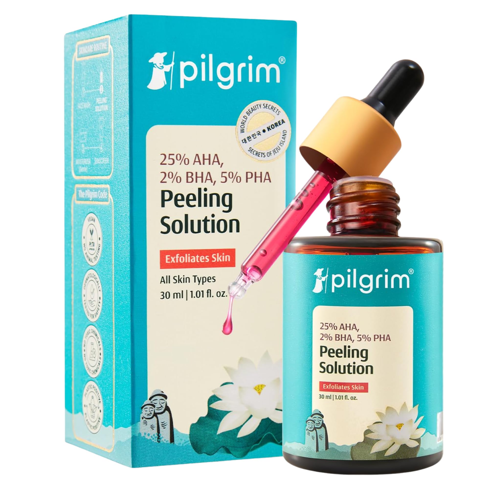 Pilgrim 25% AHA + 2% BHA + 5% PHA Peeling Solution for Face 10-Minute Facial Chemical Peel for face for Glowing Skin Serum for Tan Exfoliating serum Men & Women 30ml