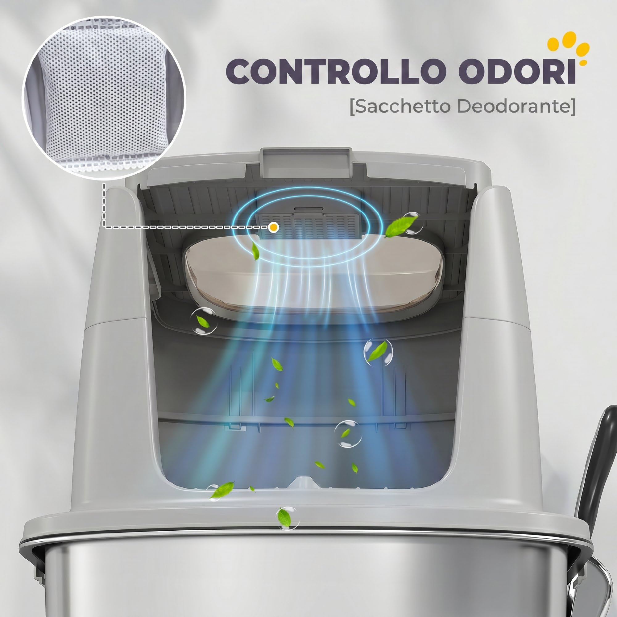 PawHut Lettiera per Gatti Chiusa Acciaio Inox con Pareti Alte Grigio Chiaro | Ribaltabile, Toilette per Gatti, Doppia Porta, Paletta, Antiperdita, Antiodore, Facile da Pulire, 52.4x41.3x39.8 cm
