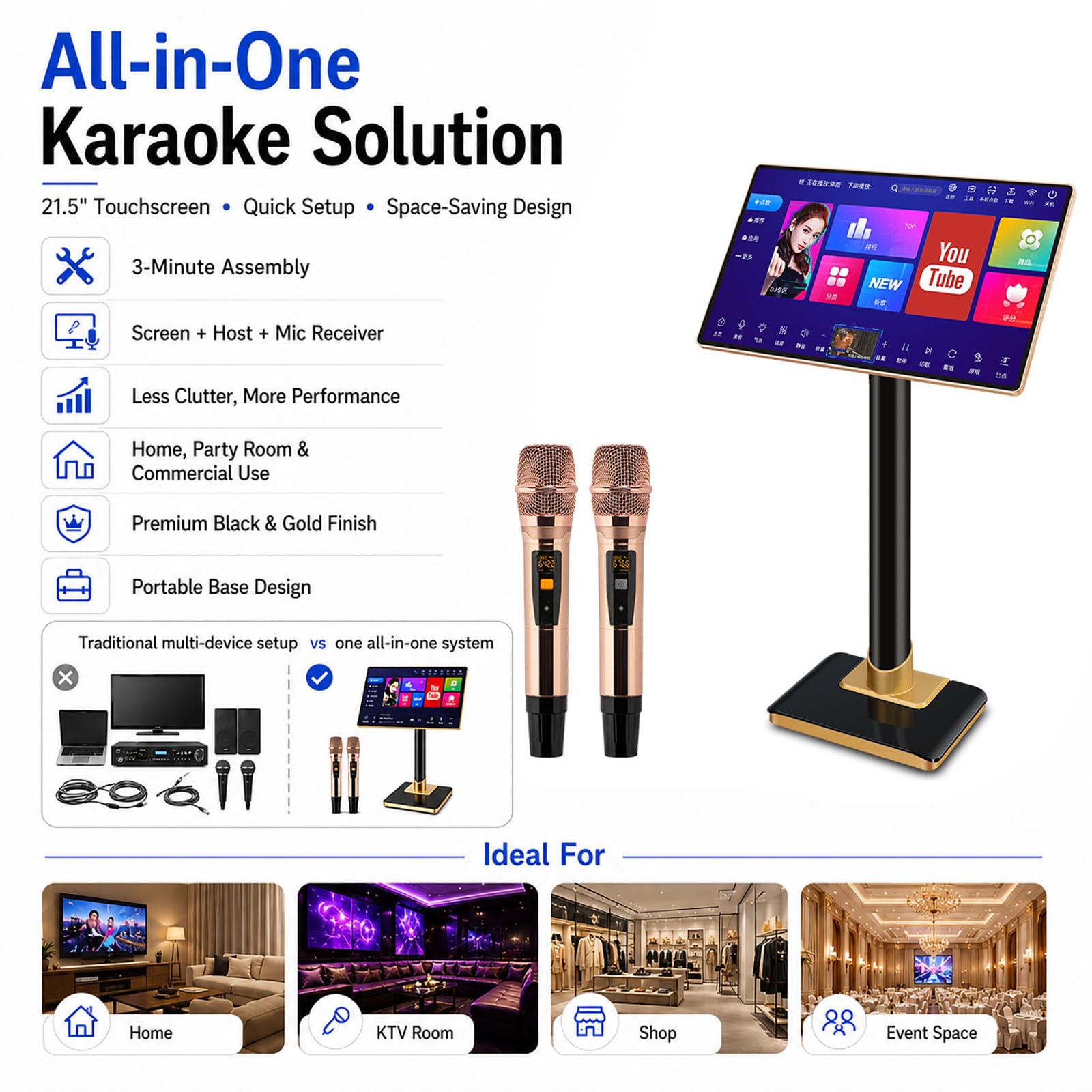 Macchina per Karaoke con Schermo Touchscreen da 21,5 Pollici, 2 Microfoni Wireless, Ricerca Vocale di Brani Tramite Ia, Dsp Integrato, Controllo Tramite App Wi-Fi, 3 TB, 4 TB, 6TB