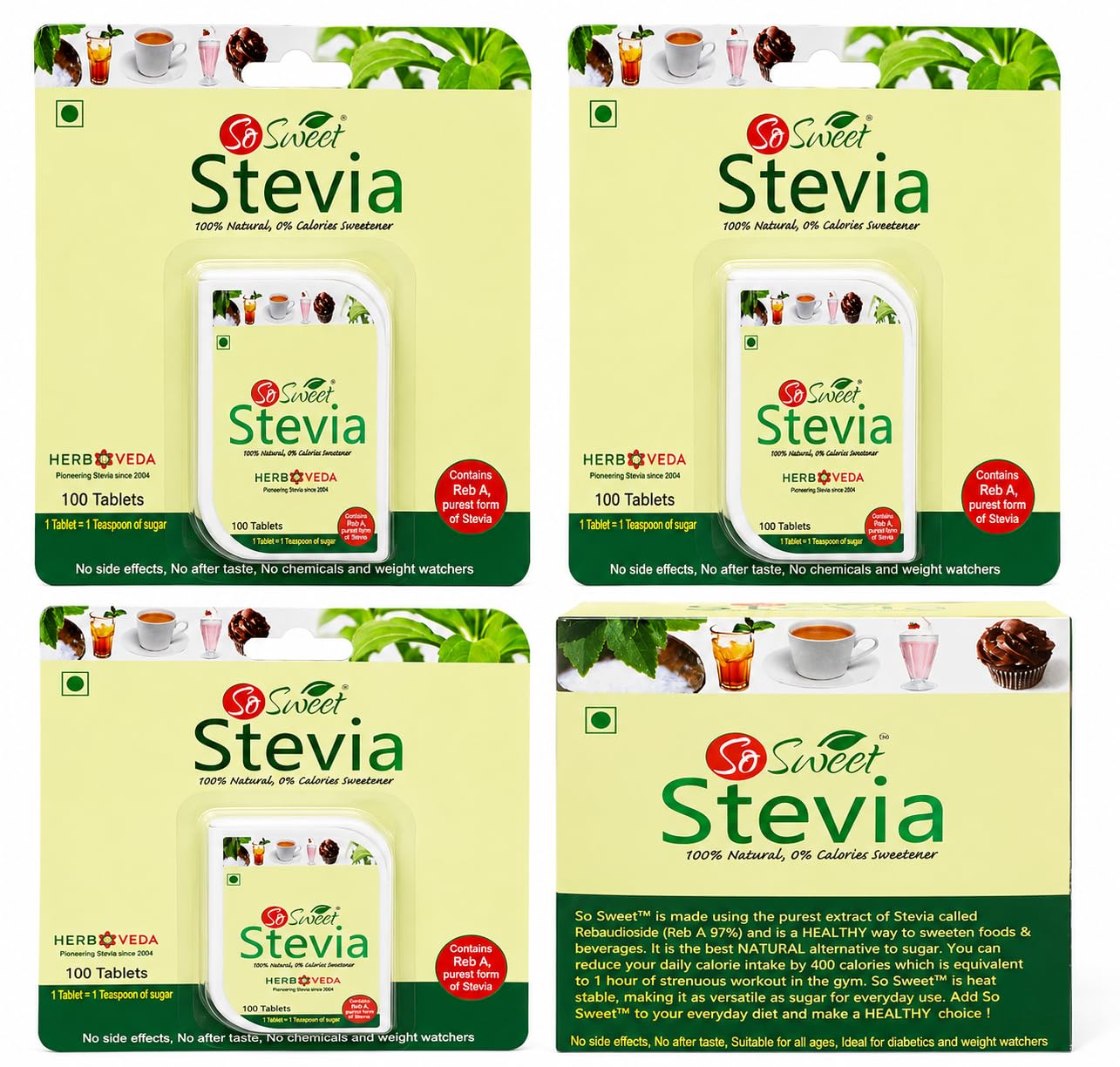 So Sweet Stevia 300 Tablets and 50 Sachets - Sugar-Free, Natural, Zero-Calorie Sweetener, Pack of 4, Ideal for Diabetics & Keto Diets, Convenient for Sweetening Drinks, Tea, Coffee, and Baking