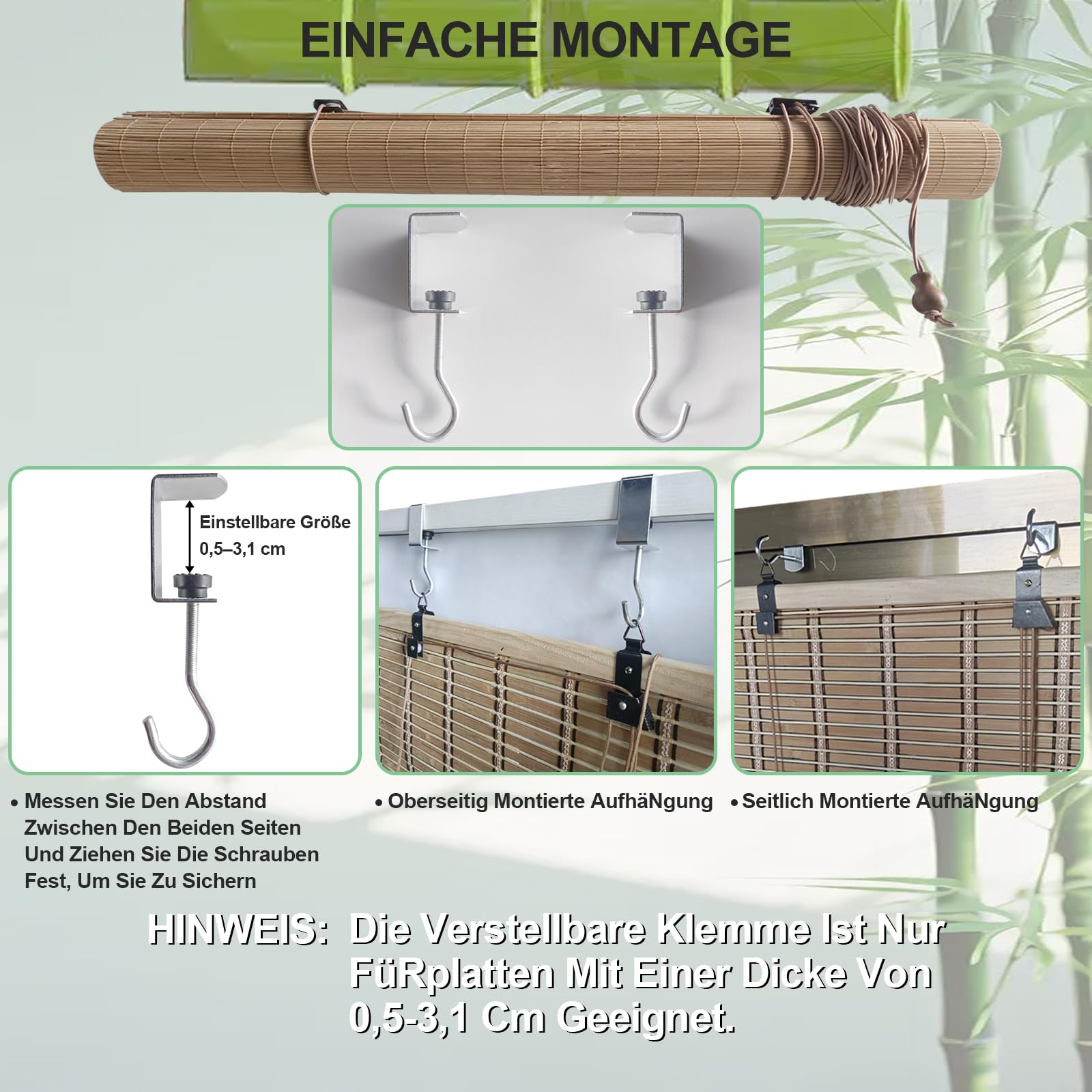 bambusrollo ohne Bohren 95x100cm Bambus Jalousie UV-Block Fenster Raffrollos, Sonnenschutz Sichtschutz Rollo Für Außen Garten Balkon Sichtschutz, Verdunkelung, Maßgeschneiderte Vorhänge Holzfarbe
