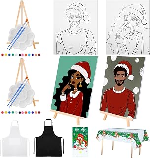 TecUnite 2 Pack Paint and Sip Kit for Adults 8''x10'' Christmas Couple Pre Drawn Canvas Paint Kit Couples Art Painting Date Night Pre Stretched Canvas for Christmas Anniversary Valentine Wedding Gifts