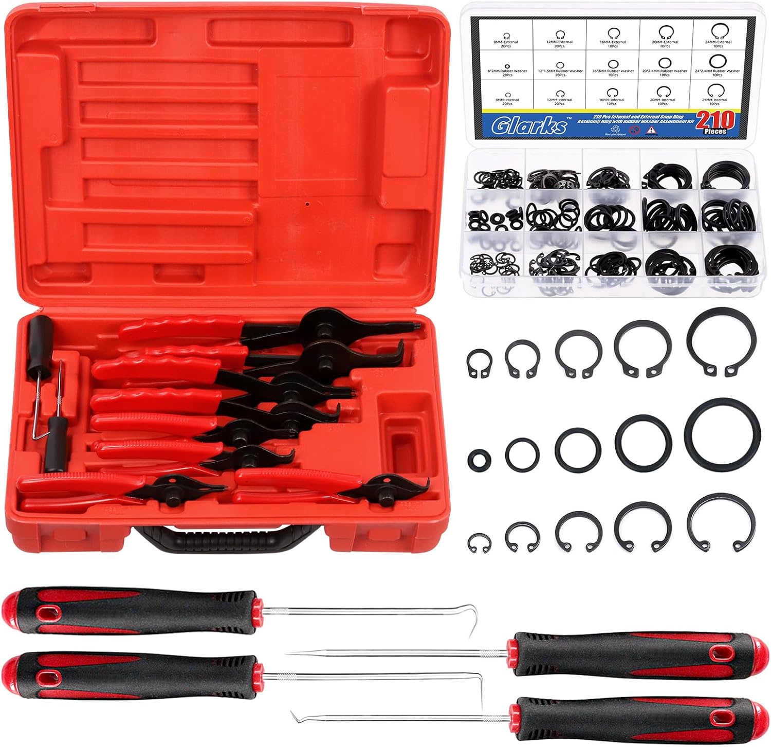 Glarks 225Pcs Heavy Duty Snap Ring Pliers Set, Straight & Bent Jaw