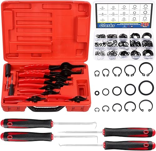 Glarks Juego de 225 alicates de anillo de presión resistentes, alicates de mandíbula rectos y doblados y anillos de retención de clip interno