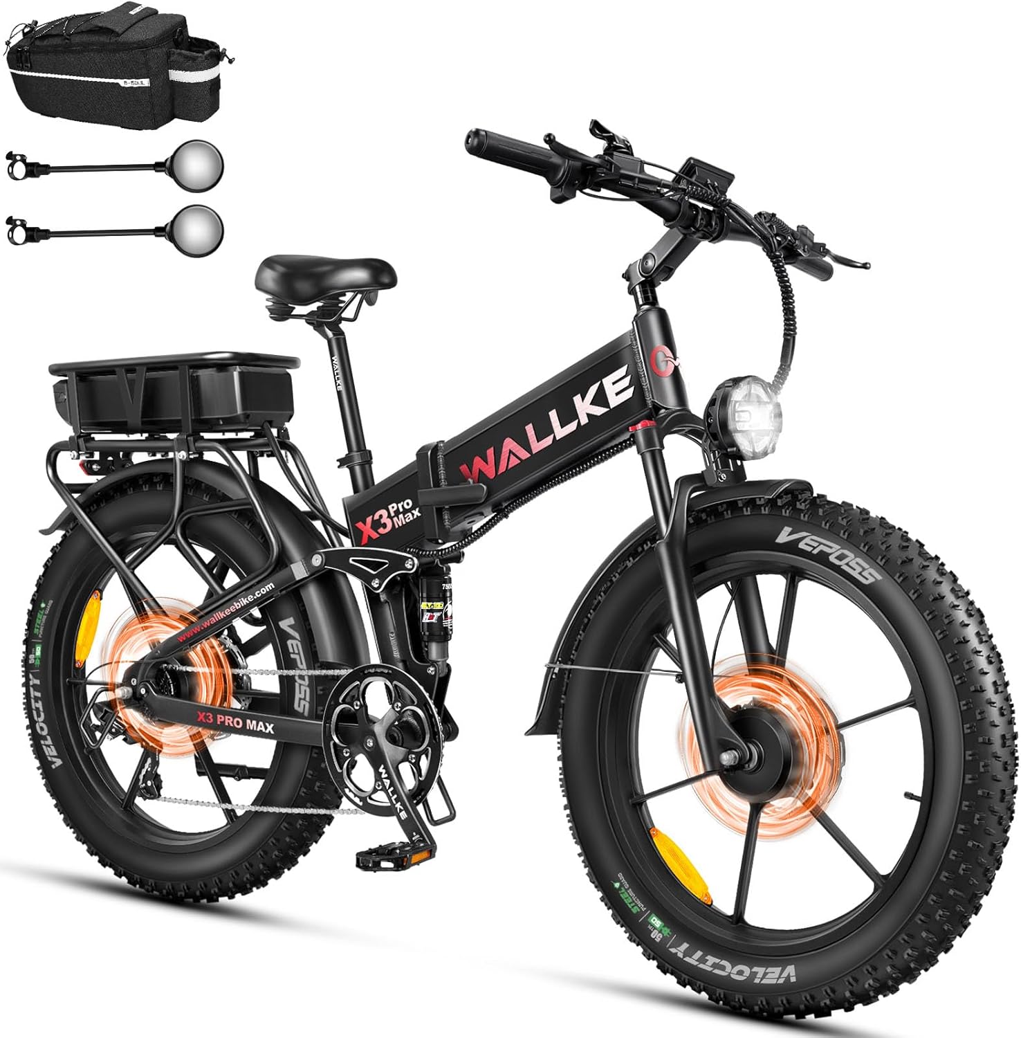 W Wallke AWD Dual Motor Foldable Electric Bike for Adults, 48V 44Ah/22Ah Dual Battery Long Range 170 Mile, 26x4 Fat Tire 35MPH Fast Ebike, Full Suspension Mountain Offroad Bicycle, SHM 7 Speed,UL2849