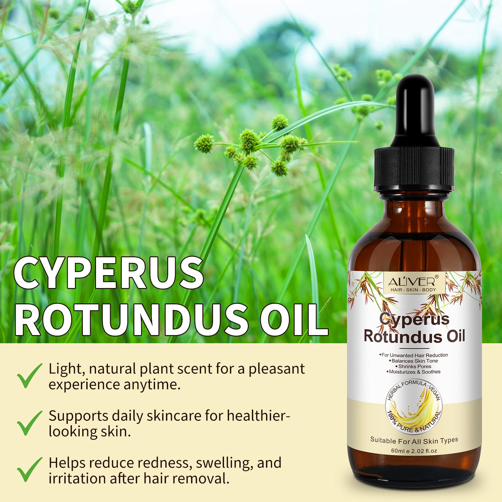 Cyperus Rotundus Olio per la depilazione, 100% puro naturale per la depilazione del corpo e del viso, per donne, riduce la crescita indesiderata dei peli dopo la barba, restringe i pori, idrata