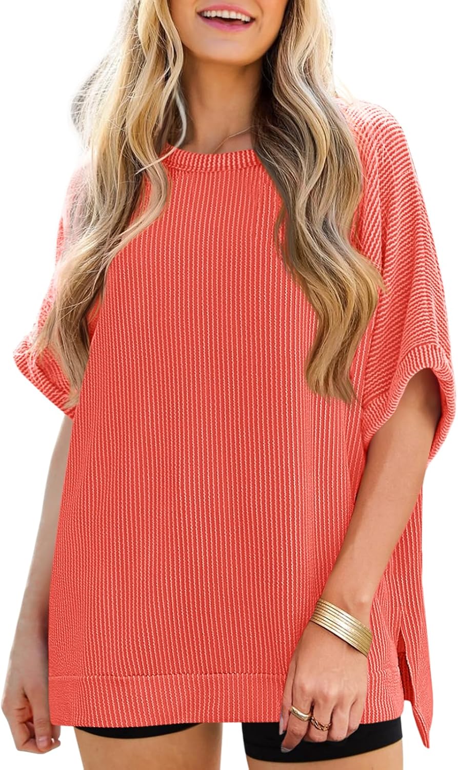 Tankaneo Womens Oversized T Shirts Summer Casual Ribbed Batwing Short Sleeve Tunic Tops Loose Fit Dolman Sleeve Tees