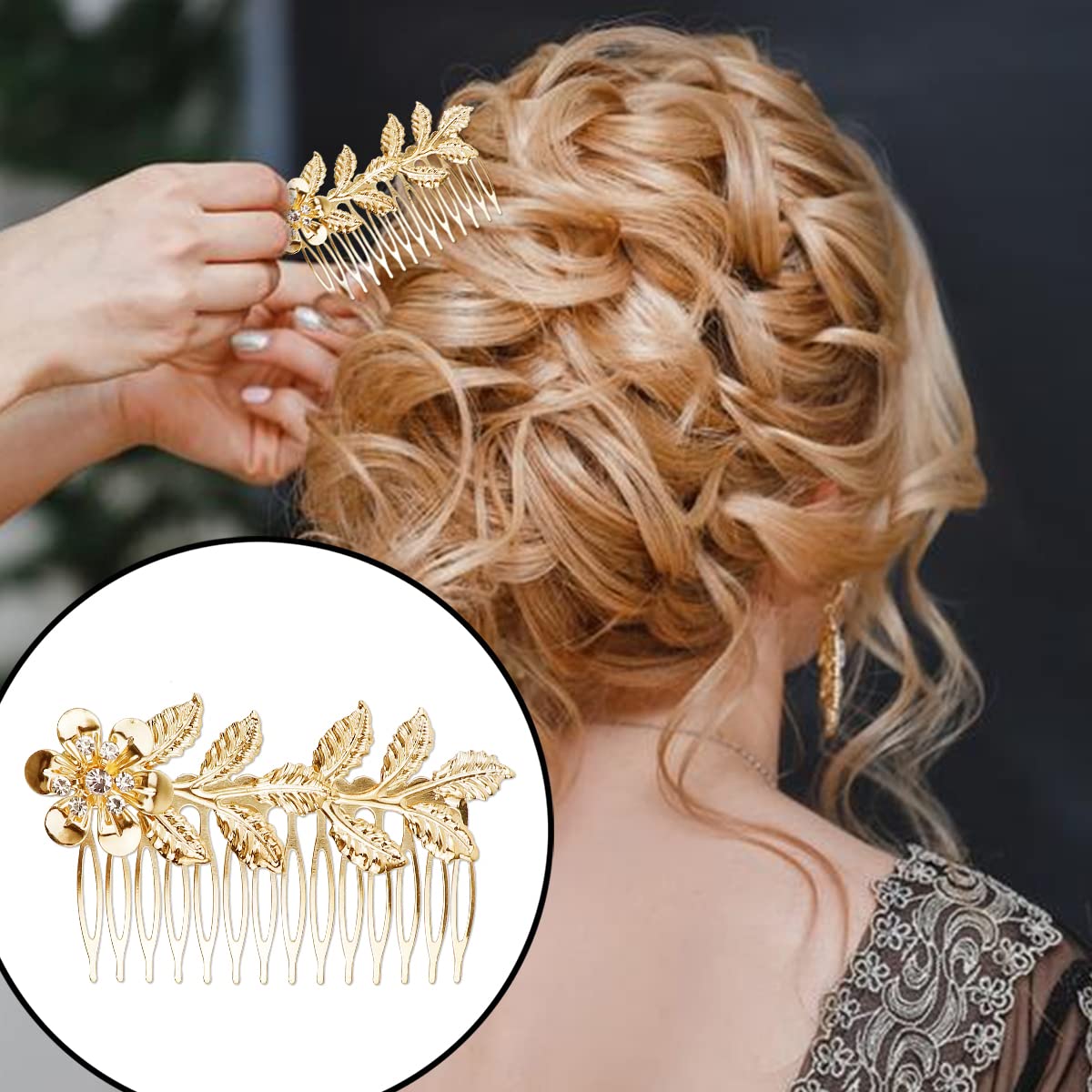 5 Pieces Leaf Hair Side Combs Gold Rhinestone Hair Comb Clips with Teeth Combs for Wedding Hair Accessories for Women, Girls, Bride, Bridesmaid (Gold) - Image 4