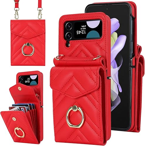 Asuwish Funda de teléfono para Samsung Galaxy Z Flip 3 5G 2021 con anillo de bloqueo RFID, correa de muñeca cruzada, soporte para tarjeta de