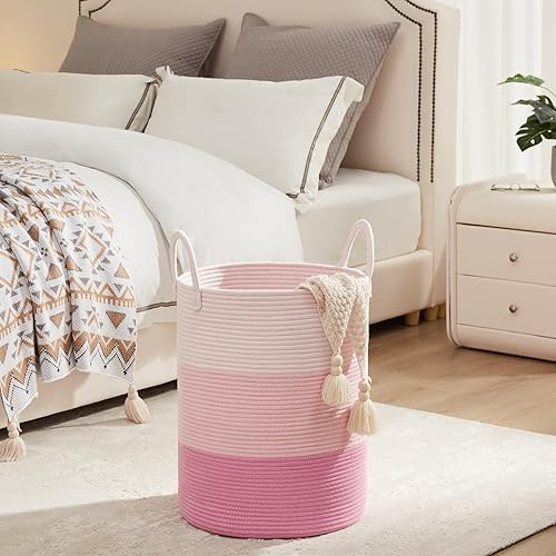 Miniatura 4 de Fiona's magic Cesta de lavandería de cuerda de algodón, cesta de lavandería tejida alta, cesta de almacenamiento de guardería para mantas, juguetes