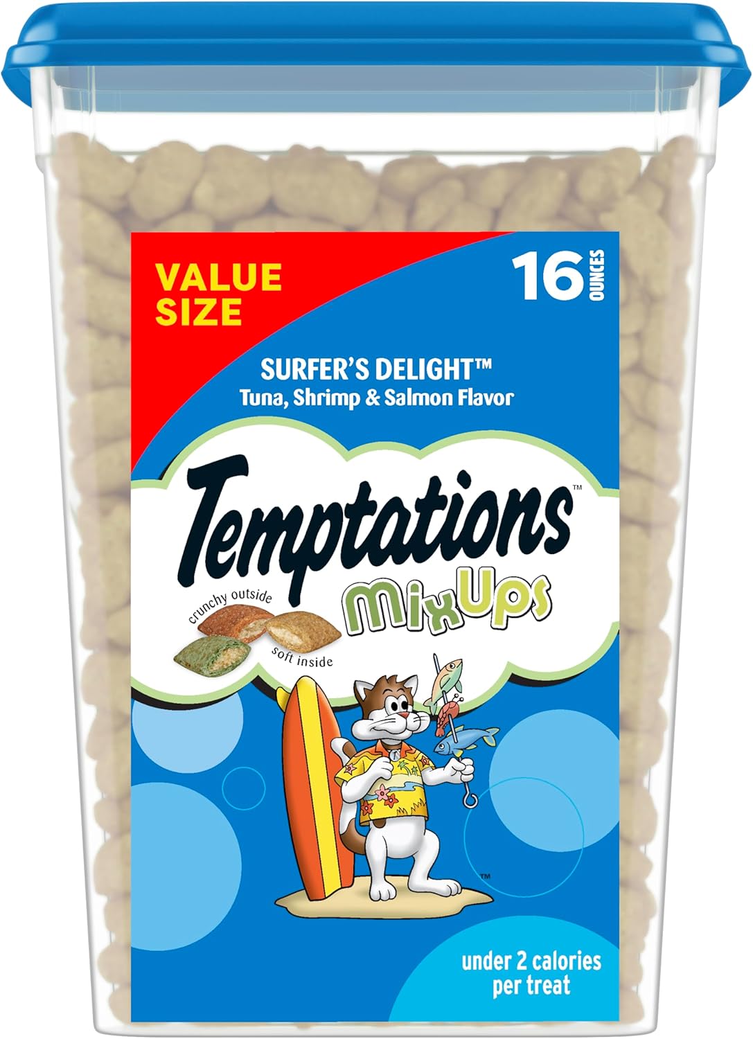 Temptations MixUps Surfer’s Delight Flavor Crunchy and Soft Cat Treats, 16 oz. Tub