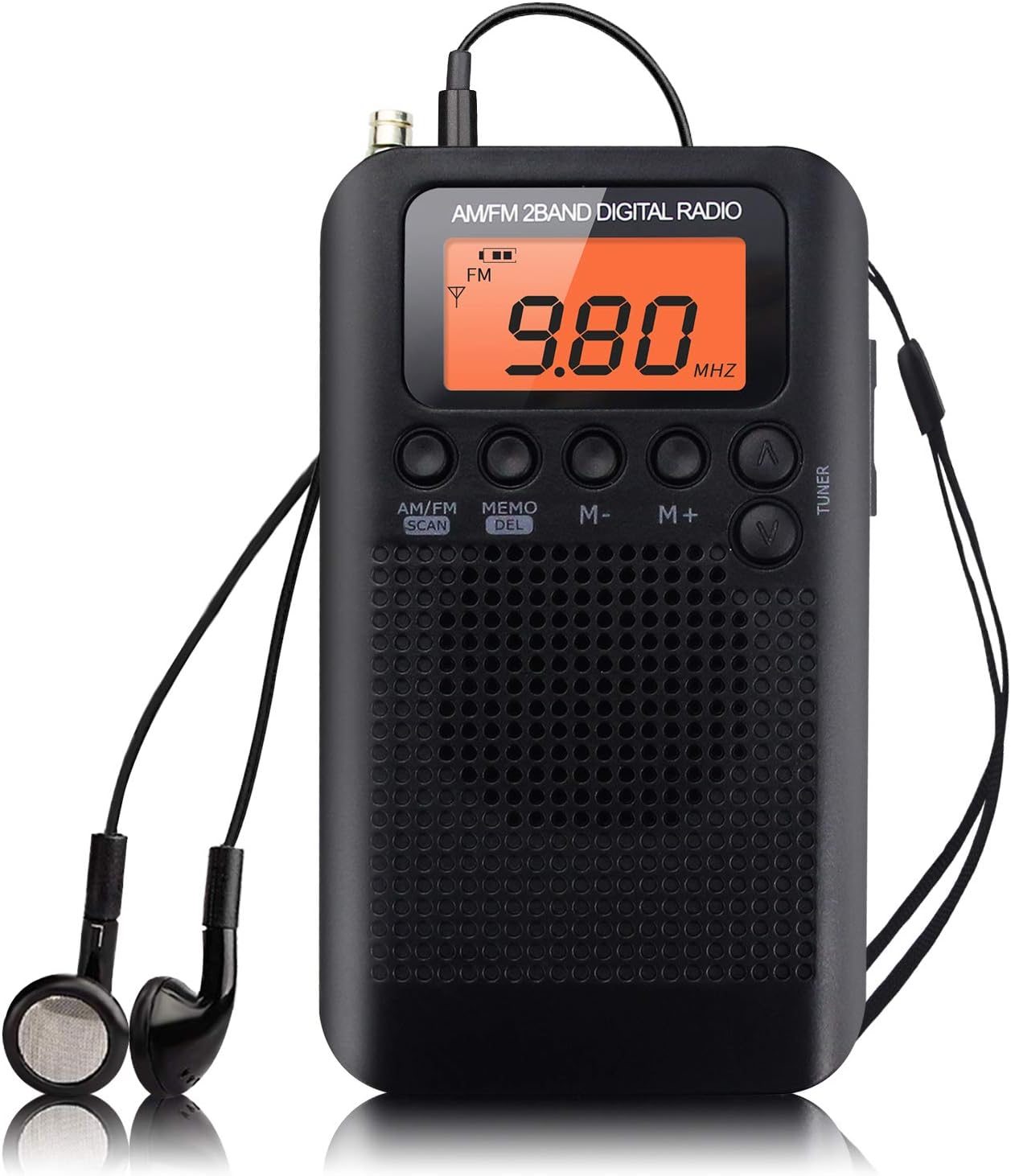 Pocket Portable AM FM Radio Mini Radio Digital Tuning Stereo Personal Radio with Earphone, Alarm Clock and Timer for Walking Running Jogging Supports Replaceable Battery AAA (Black)