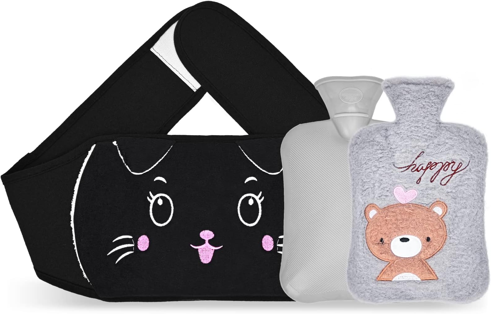 Wearable Hot Water Bottle Warm PVC Hot Water Bottle Pouch with Soft Plush Hand Waist Warmer Cover 1000ml - Black Kat