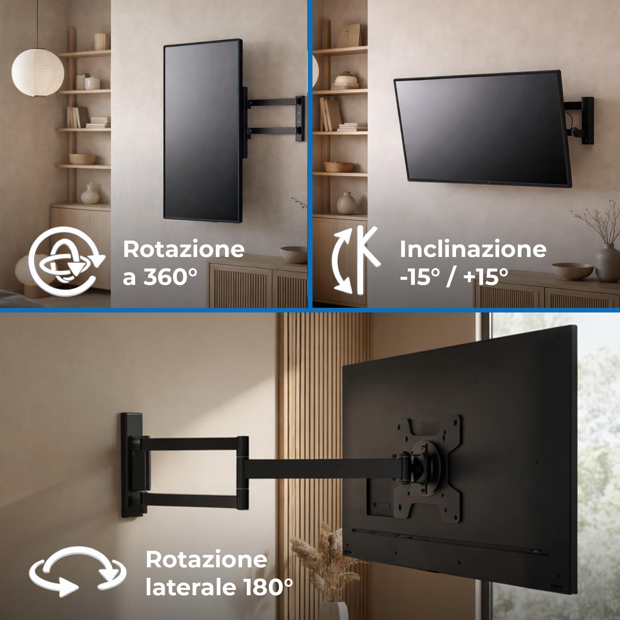 Rotate XL TV supporto da parete, si estende, gira, inclina, ruota, TV circa 24-50 pollici - 25kg, fino a VESA 200x200mm, supporto TV (Nero, 108,5 cm / 25 kg)
