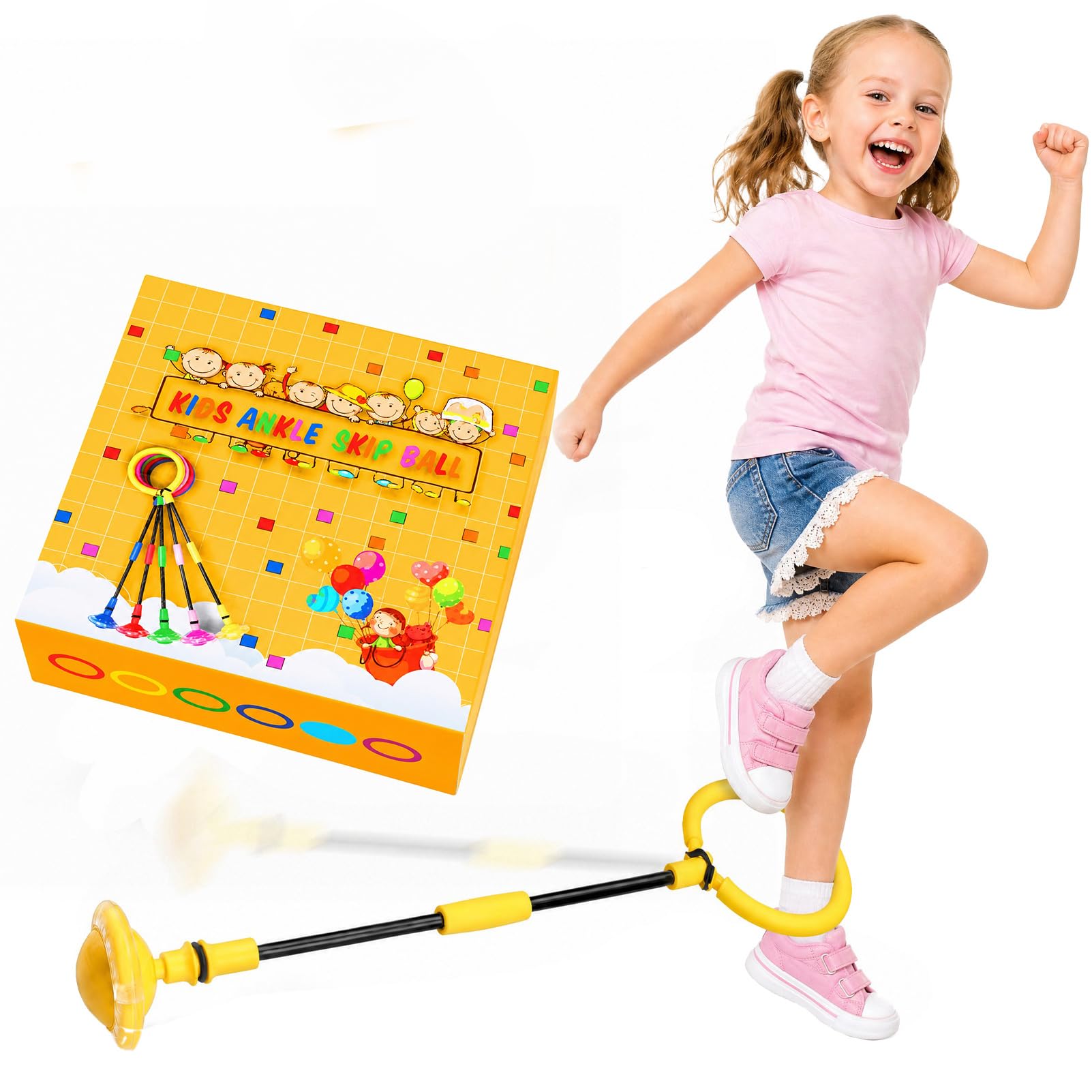 1 Pack Yellow Ankle Skip Ball with Flashing Wheels, Foldable Outdoor Sports Toy, Fun Garden Games for Kids Girls Birthday Gifts Age 5 6 7 8 9 10+