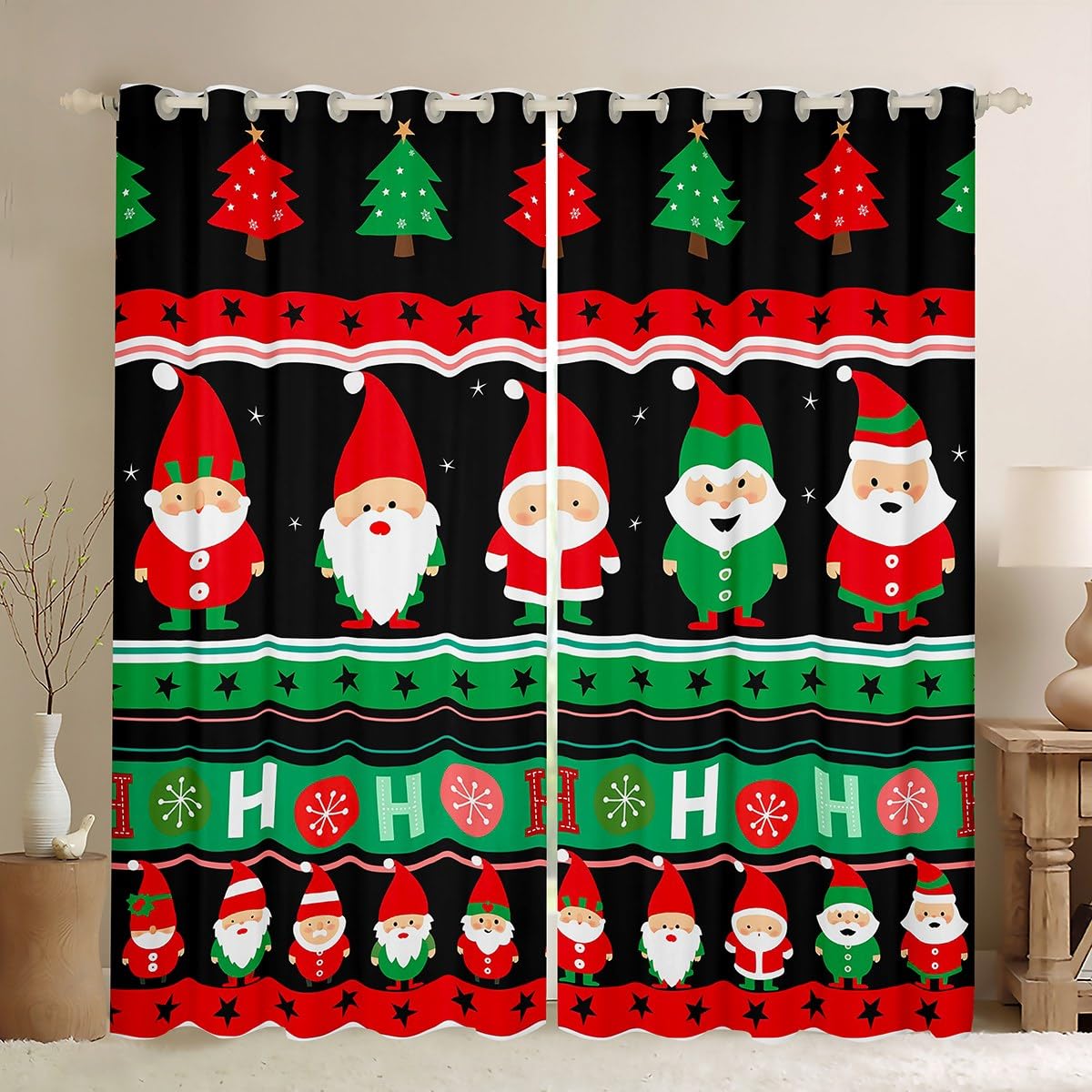 Christmas Santa Claus Curtains Xmas Star Decor Window Curtains for Bedroom Living Room for Kids Boys Girls Teens Room Decor Stripe Window Drapes Green Red Window Treatments 42W X 84L,2 Panels