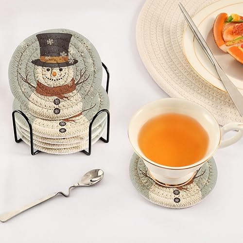 Miniatura 5 de 6 posavasos absorbentes de muñeco de nieve para protección de mesa, hechos a mano, redondos, tejidos con soporte y resistentes al calor, resistentes