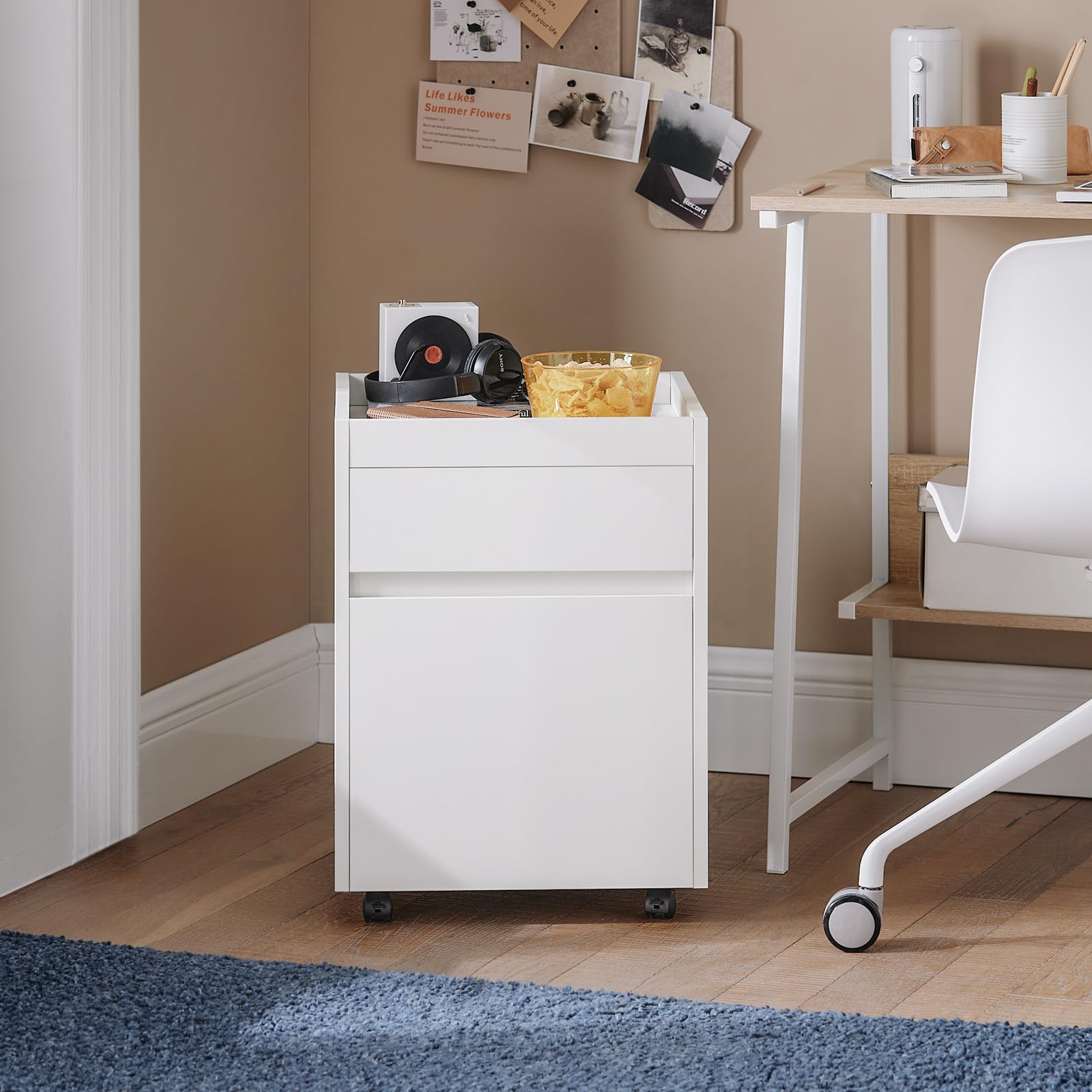 SoBuy Caisson Bureau Mobile, Petit Meuble à Dossier sur roulettes, Meuble de Rangement Mobile, Rangement Document 2 tiroirs, 4 roulettes, Blanc, L40 x P40 x H54 cm, FBT121-W