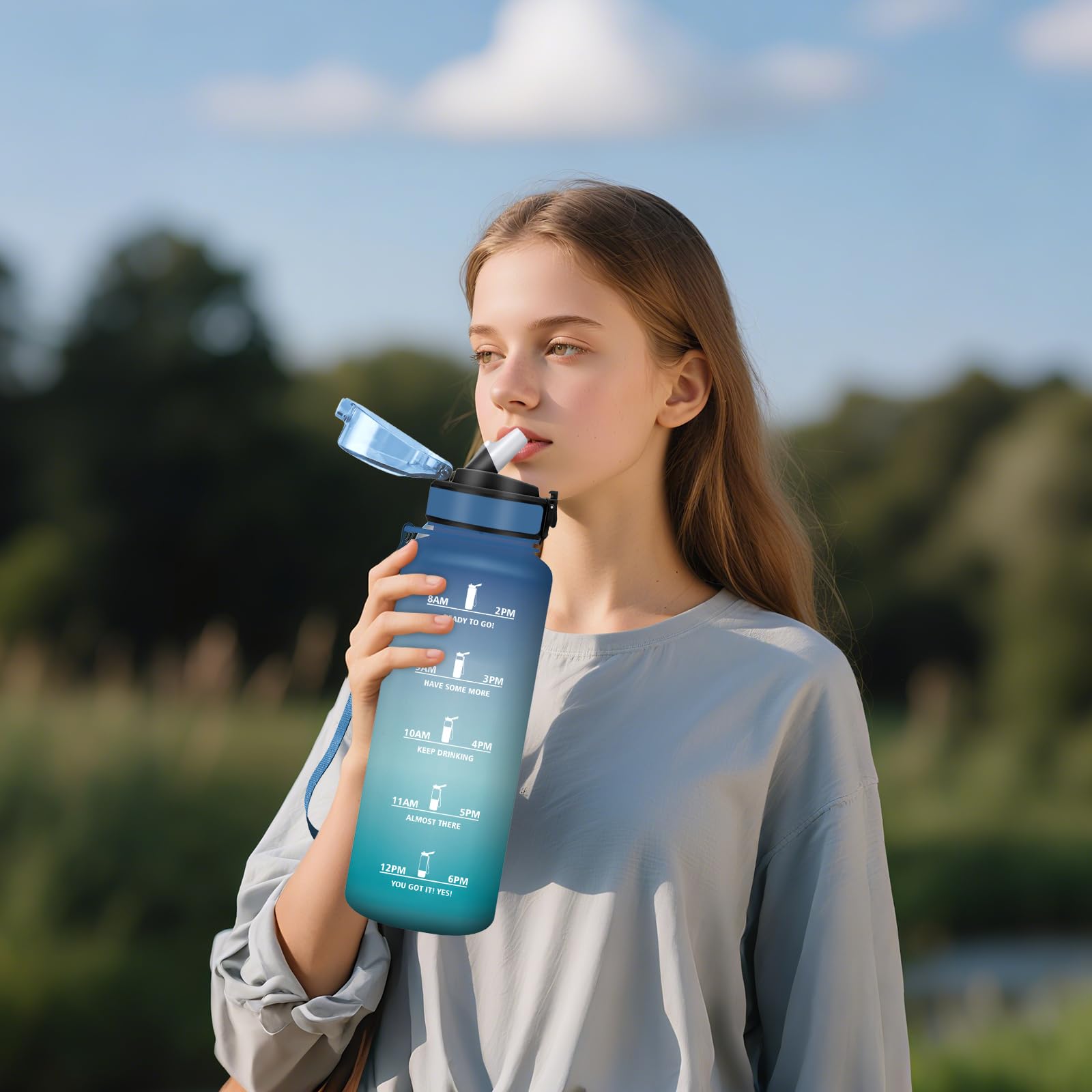 Botellas de Agua, 1.5 Litro BPA Free, Botella Gimnasio, con Escala de Tiempo Motivacional, Cantimplora, Reutilizable, Garrafa de Agua, Ideal para Escuela, Oficina, Deporte, Botella con Pajita — view 6