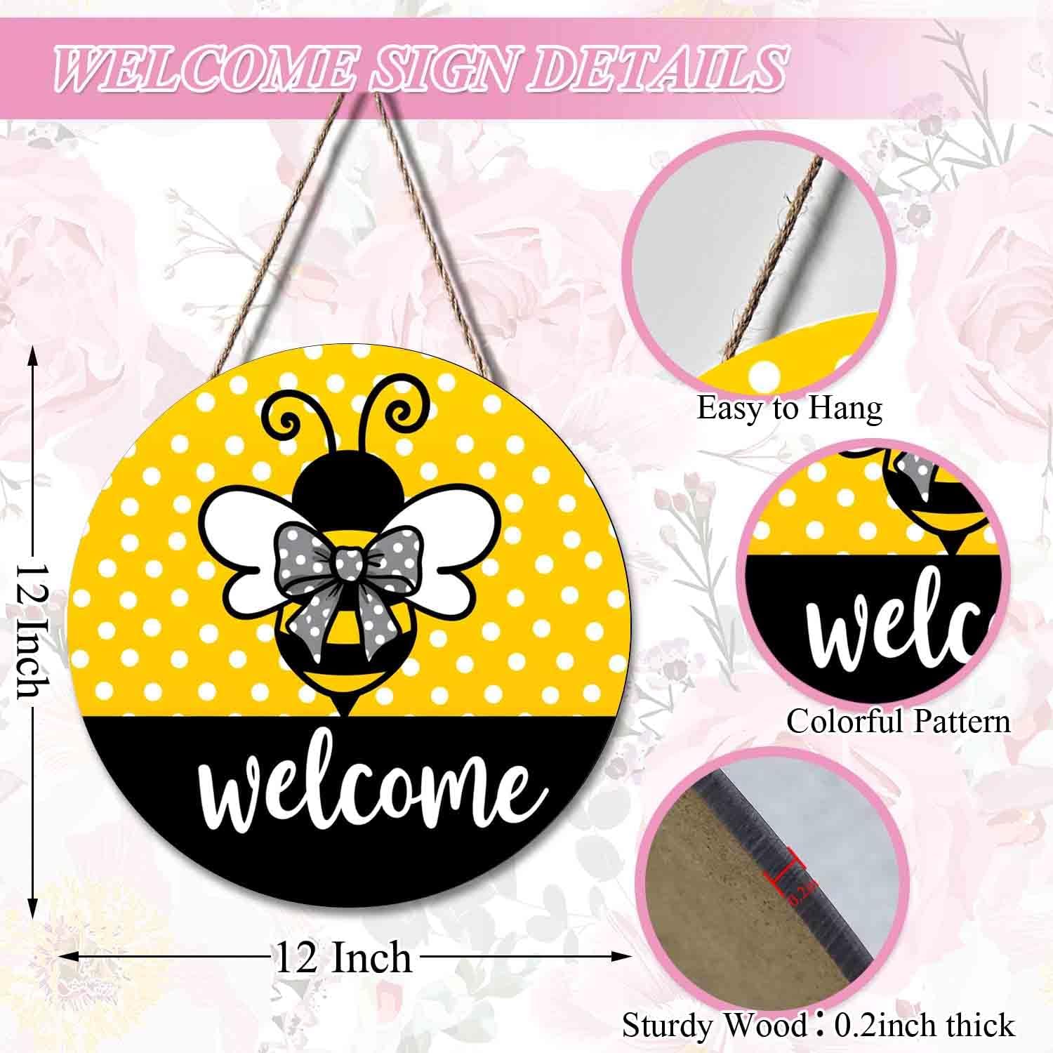 Bee Wreath Hangers For Front Door Welcome Home Sign, Welcome Summer Bumble Bee Farmhouse Door Hanger Indoor Outdoor Signs For Office Home Kitchen Party Window Decoration