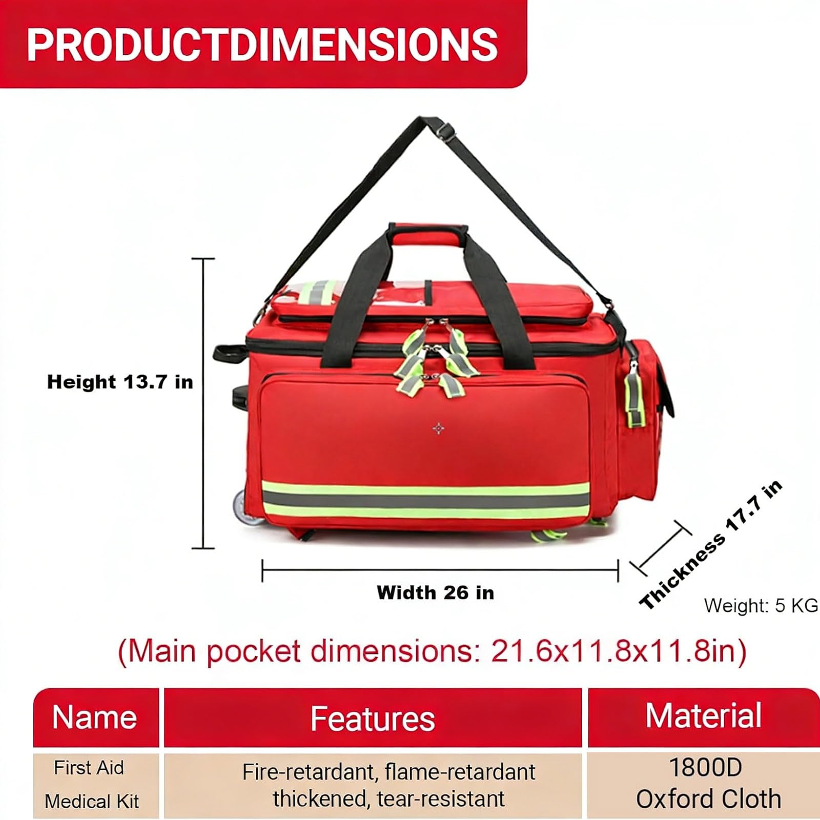 Bolsa médica de emergencia con ruedas, mochila de tela Oxford 1800D, kit de primeros auxilios ignífugos, ideal para EMT, EMS, policía, bomberos, enfermeras, médicos