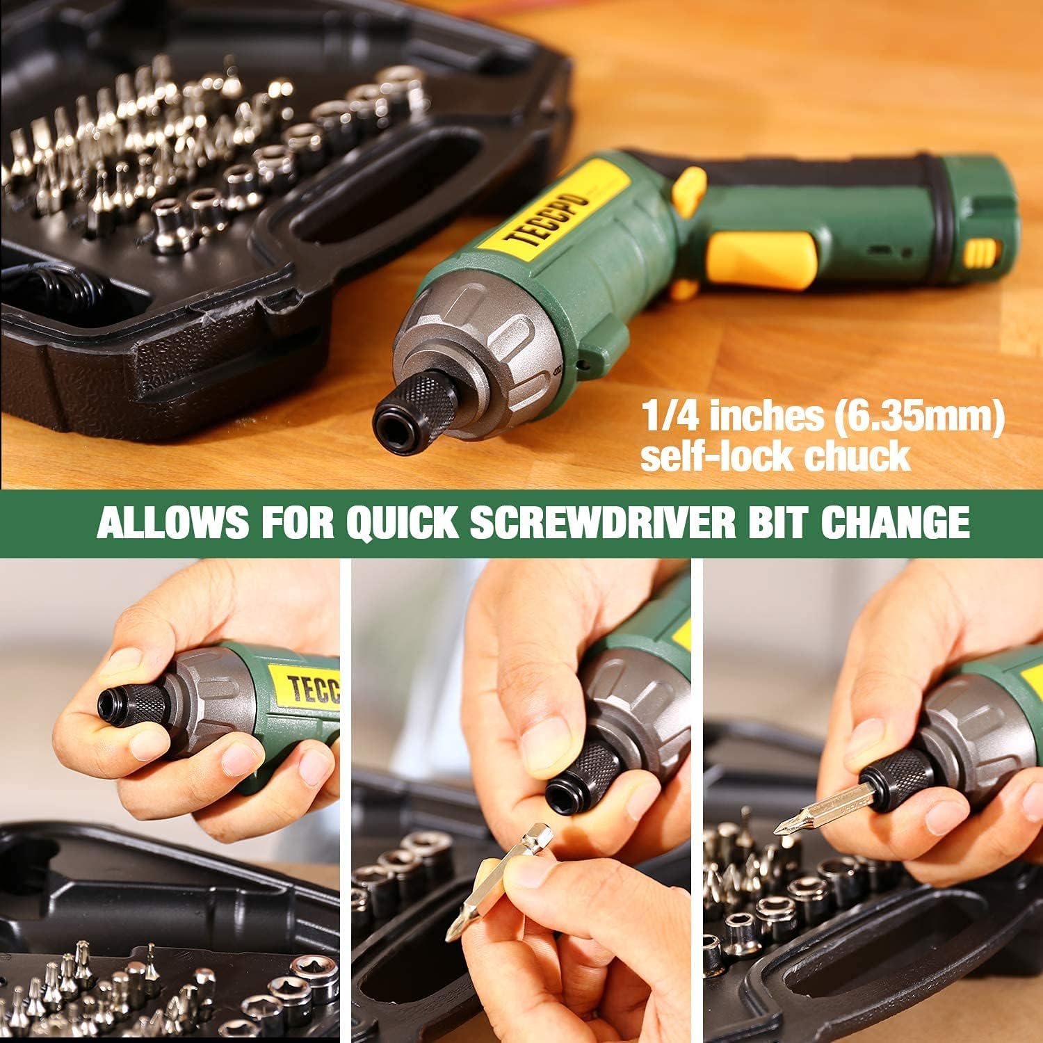 Electric Screwdriver, 45Pcs 6N.m, TECCPO 4V Cordless Power Screwdriver, 9+1 Torque Gears, Electric Screwdriver Rechargeable with 2000mAh Li-ion, 1/4'' Hex Self-Lock Chuck, 2 LED, Adjustable 2 Position : Tools & Home Improvement
