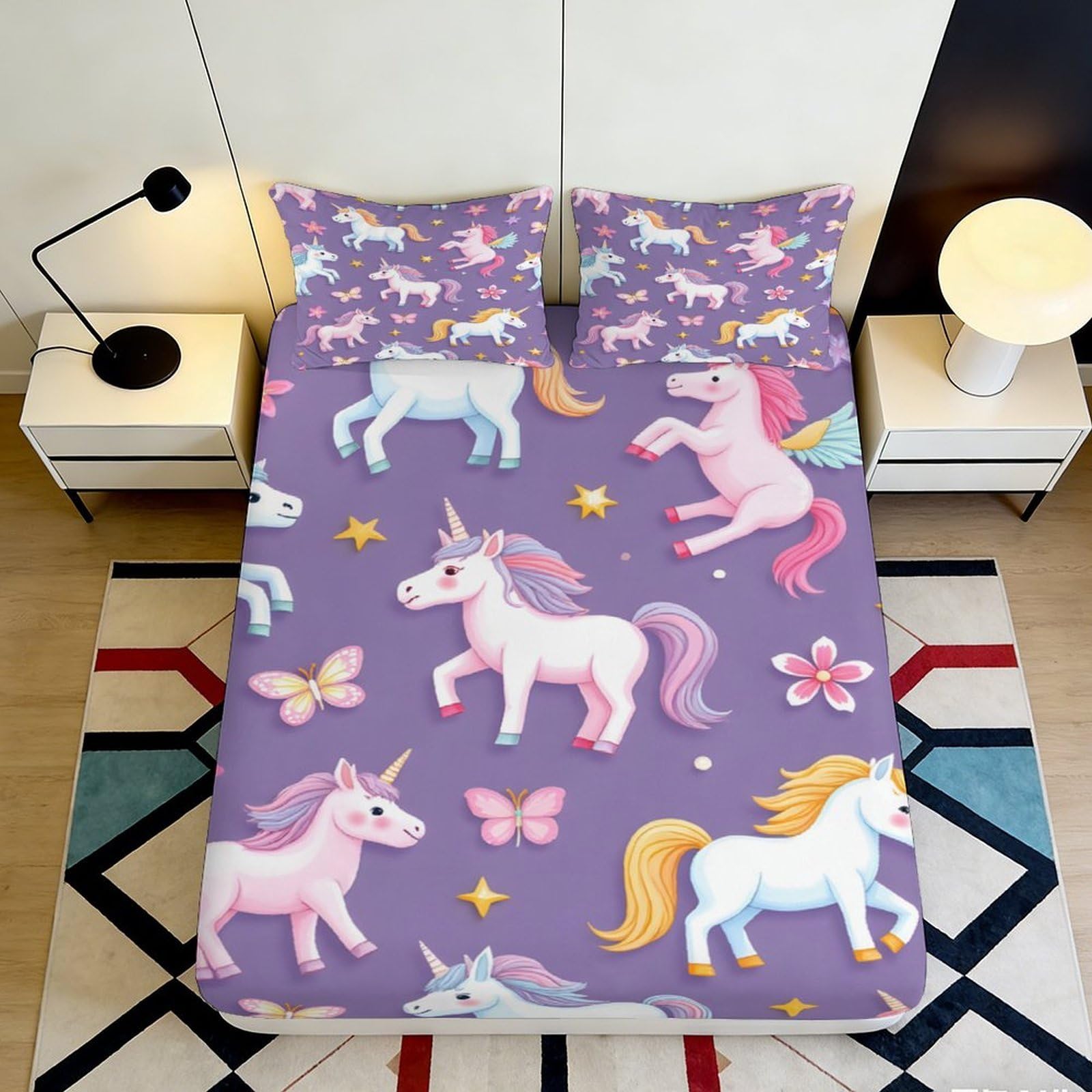 3D Printed Unicorn Fantasy Fitted Sheet Microfiber Soft Breathable Pastel Butterfly Mattress Cover Bedroom Decor 90x200x25cm