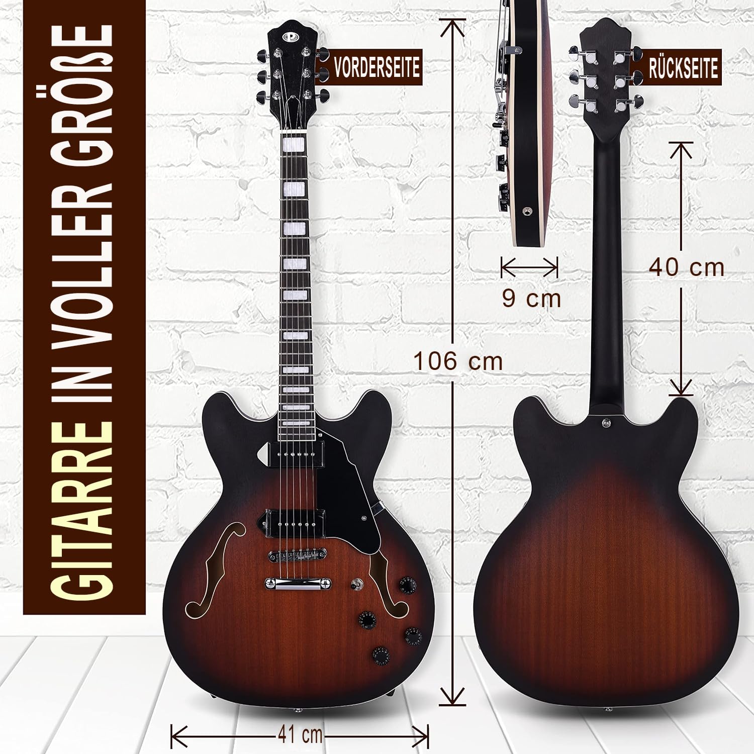 Pyle Jazz E‑Gitarre Semi‑Hollow – 6‑Saitige Vintage‑Style Gitarre mit Cutaway & Zubehörpaket – Jazz‑Sound für kreative Einsteiger & Blues‑Fans, Sunburst Look, P90 Pickups
