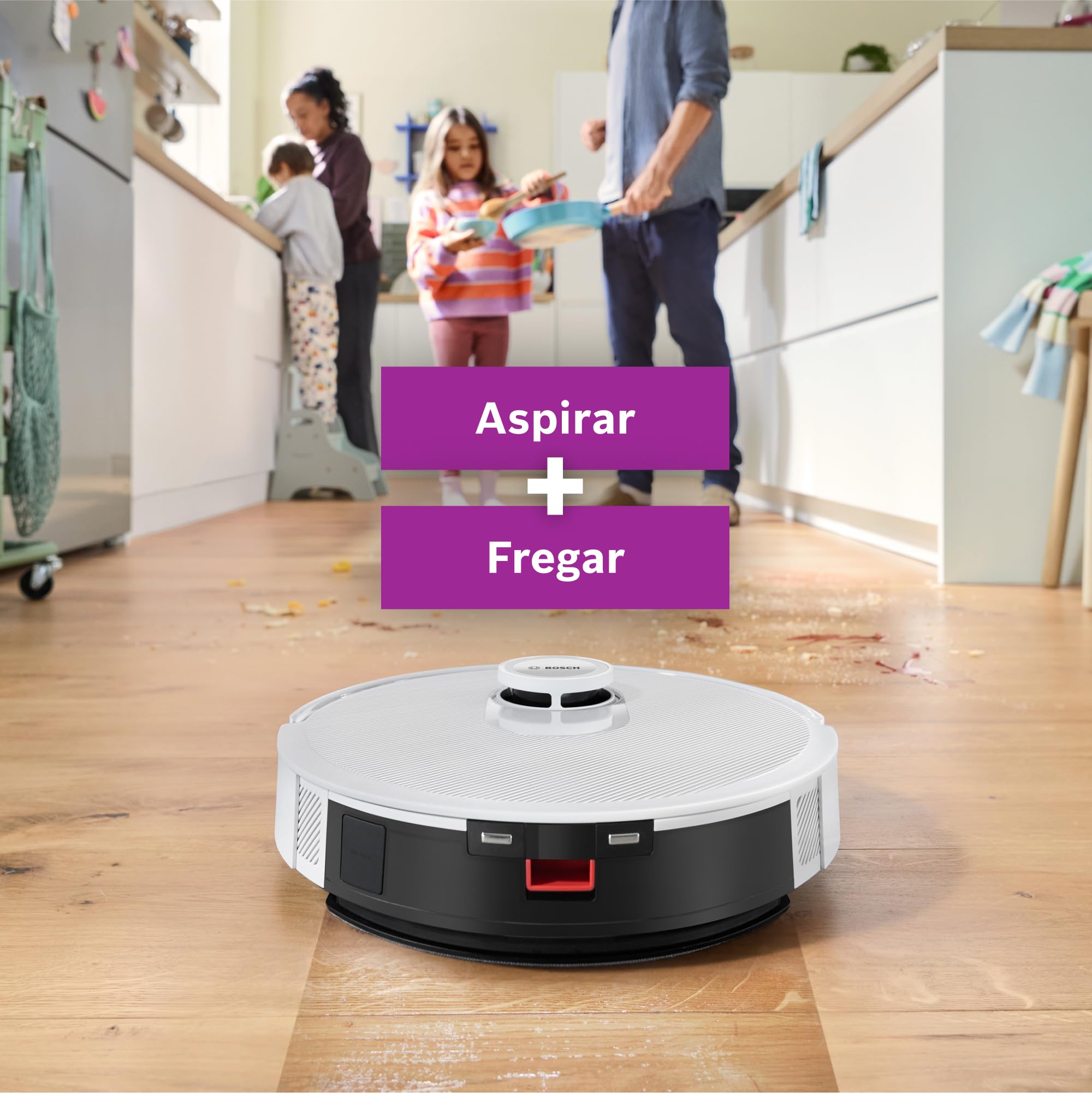 Bosch - Robot Aspirador Spotless +, aspira y friega, Potencia 11.000 Pa², Almohadilla húmeda Fija, estación Seca, Sistema Inteligente de visión por Infrarrojos, Bosch Home Connect App, Blanco, BCRD1W