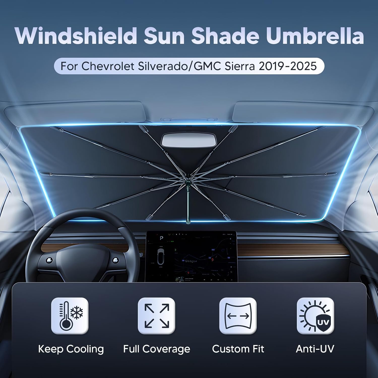 Autorder Windshield Sun Shade Umbrella for 2019-2026 Chevrolet Silverado/GMC Sierra Accessories,Upgraded Ice Crystal Material,Easy Setup Umbrella Sunshade for Car Windshield,100% Sun Blocking