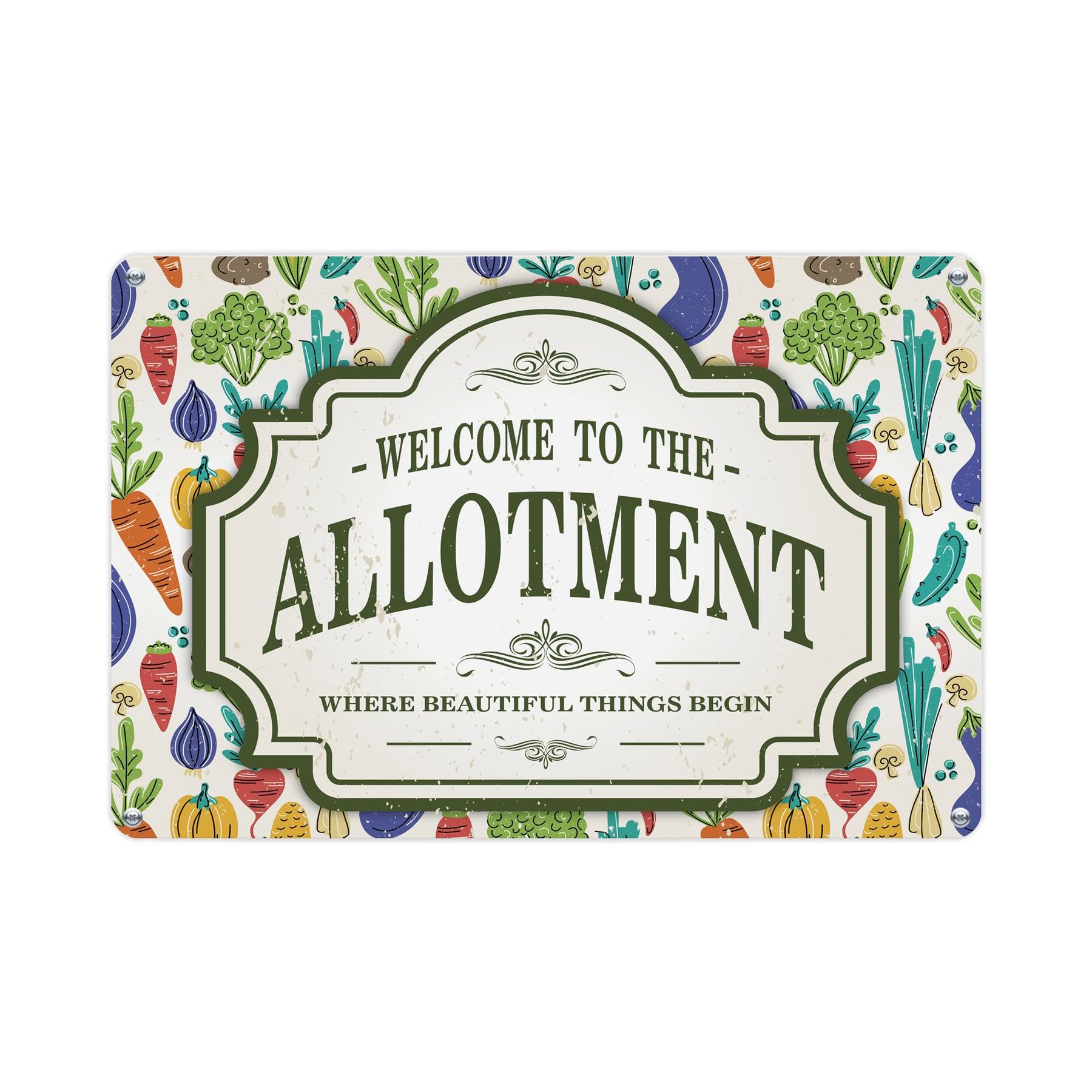 Welcome To The Allotment Sign - Colourful Vegetable Patch Metal Plaque Garden Décor Gift 28cm x 20cm