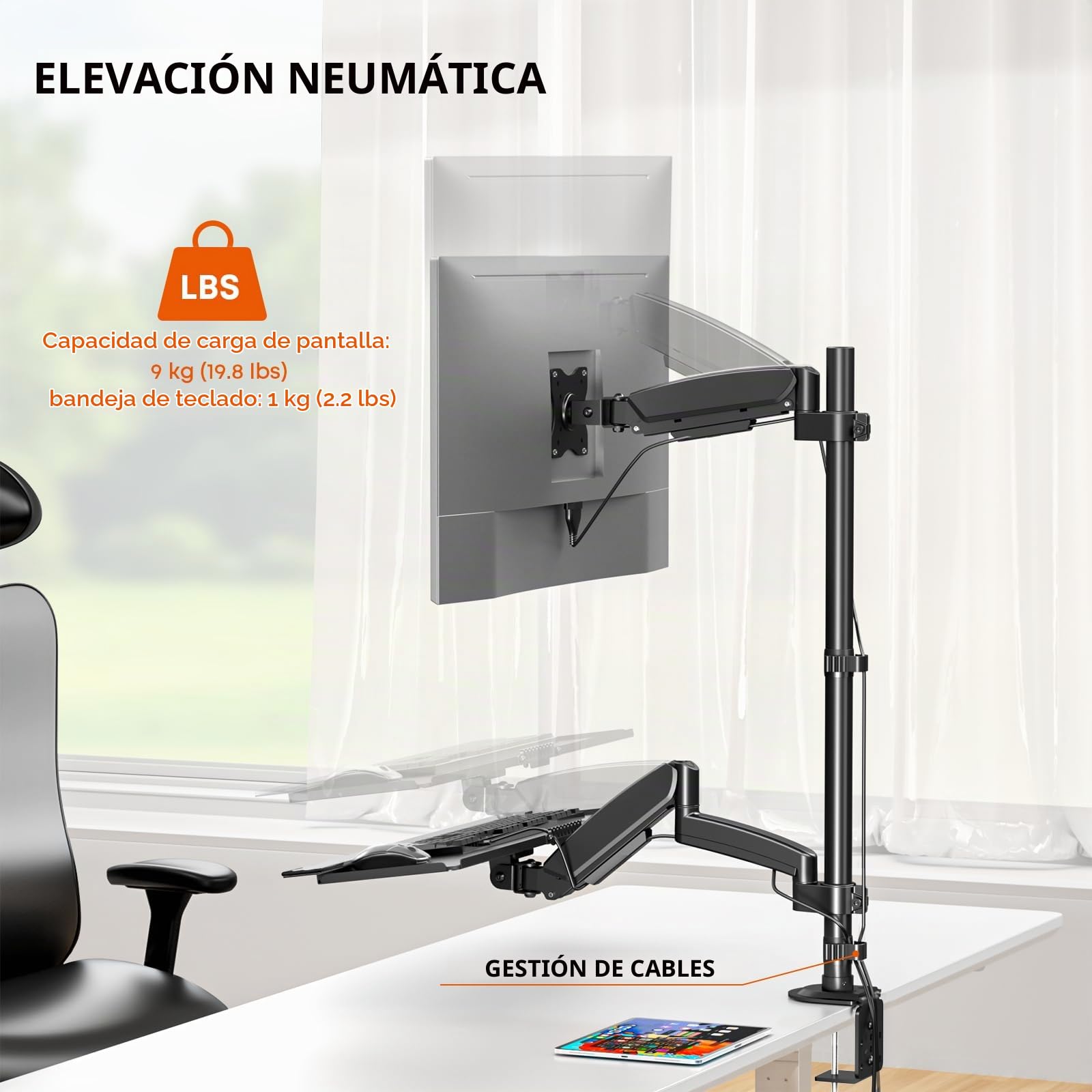 Soporte para Monitor con Bandeja para Teclado: Compatible con monitores de 17 a 32 Pulgadas, Brazo de Gas con Capacidad de hasta 9 kg, Apto para teclados estándar y Grandes, soporta hasta 1 kg
