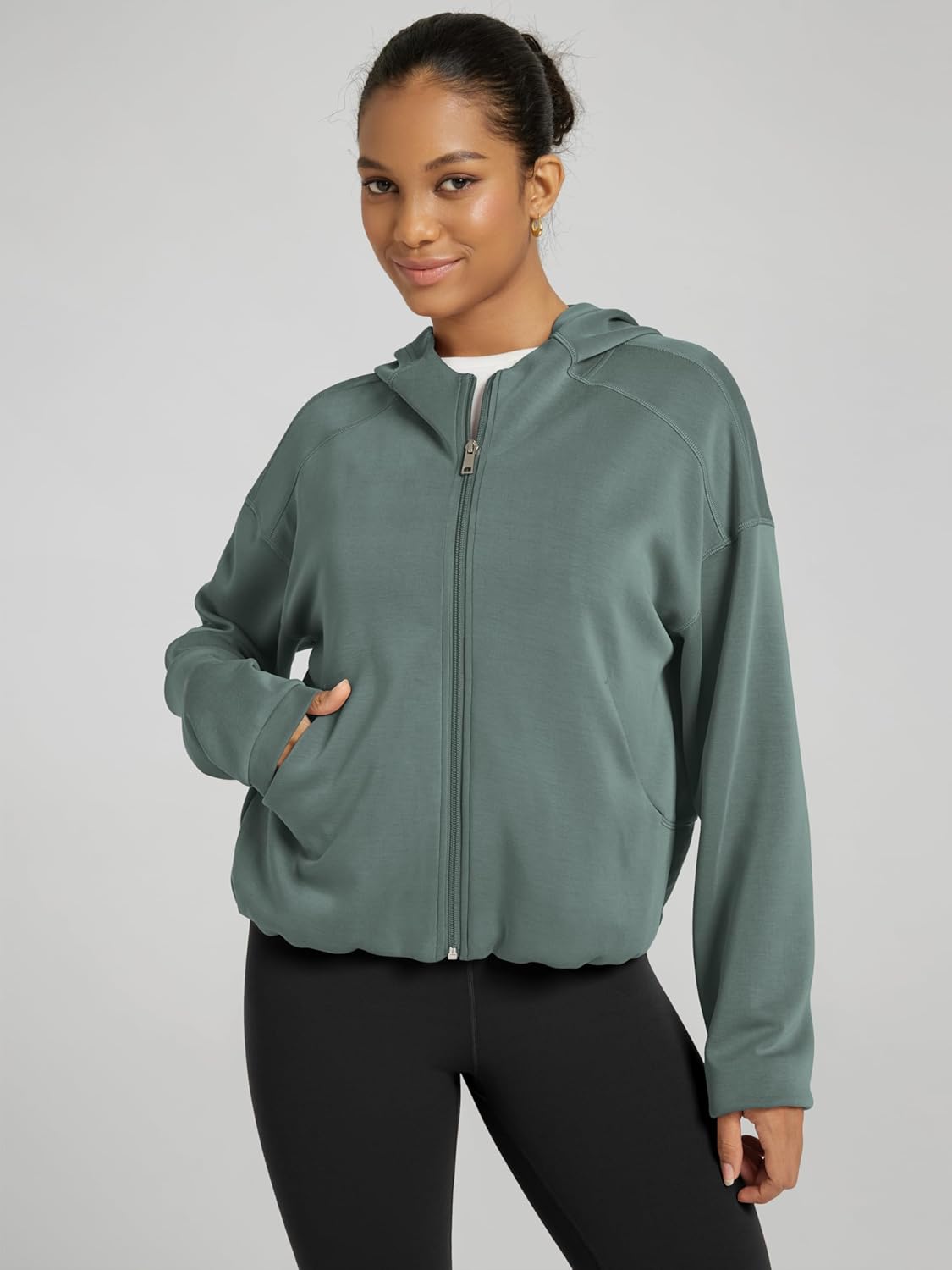 ODODOS Women's Modal Soft Full Zip Hoodie Gathered Hem Long Sleeve Casual Oufit Hooded Jacket with Pockets - Image 3