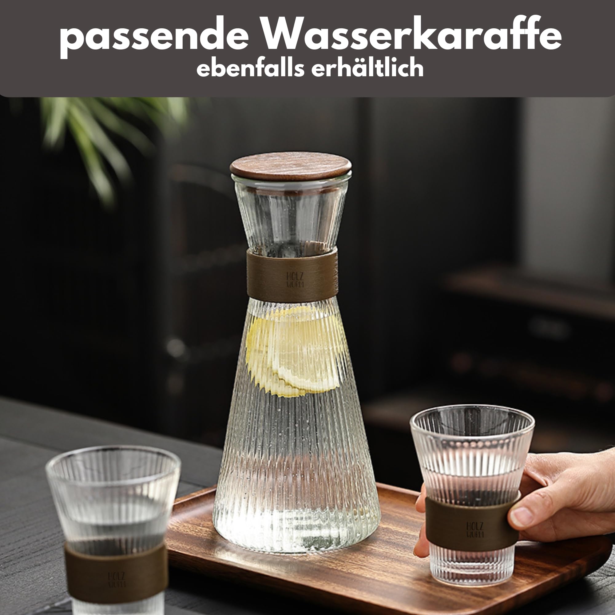 Holzwurm Wasserglas 6er Set 230 ml geriffelt mit Holzmantel aus Walnuss