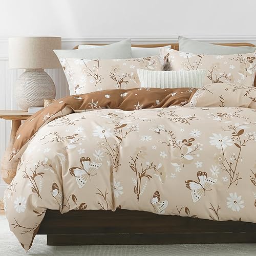 Bedduvit Juego de funda de edredón de algodón tamaño King  Juego de funda de edredón de mariposa beige, transpirable, minimalista, con estampado de