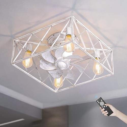 Miniatura 6 de PAZALA Ventiladores de techo blancos retro con luces  Ventilador de techo cuadrado con control remoto, 6 velocidades reversible, ventilador de techo