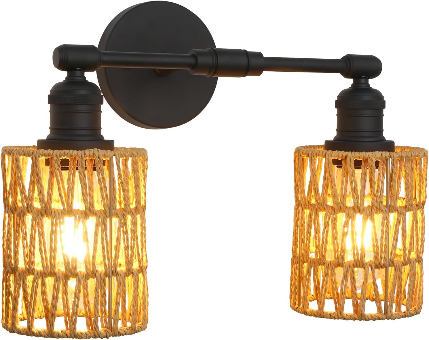 Yosoan 2-Lights Rattan Boho Wrapped Vintage Wall Sconce Light, Indoor Hardwired Hand-Woven Wall Lamp, Handmade Braided Rope Shade Wall Mount Fixture for Bedroom Bathroom Reading(Black)