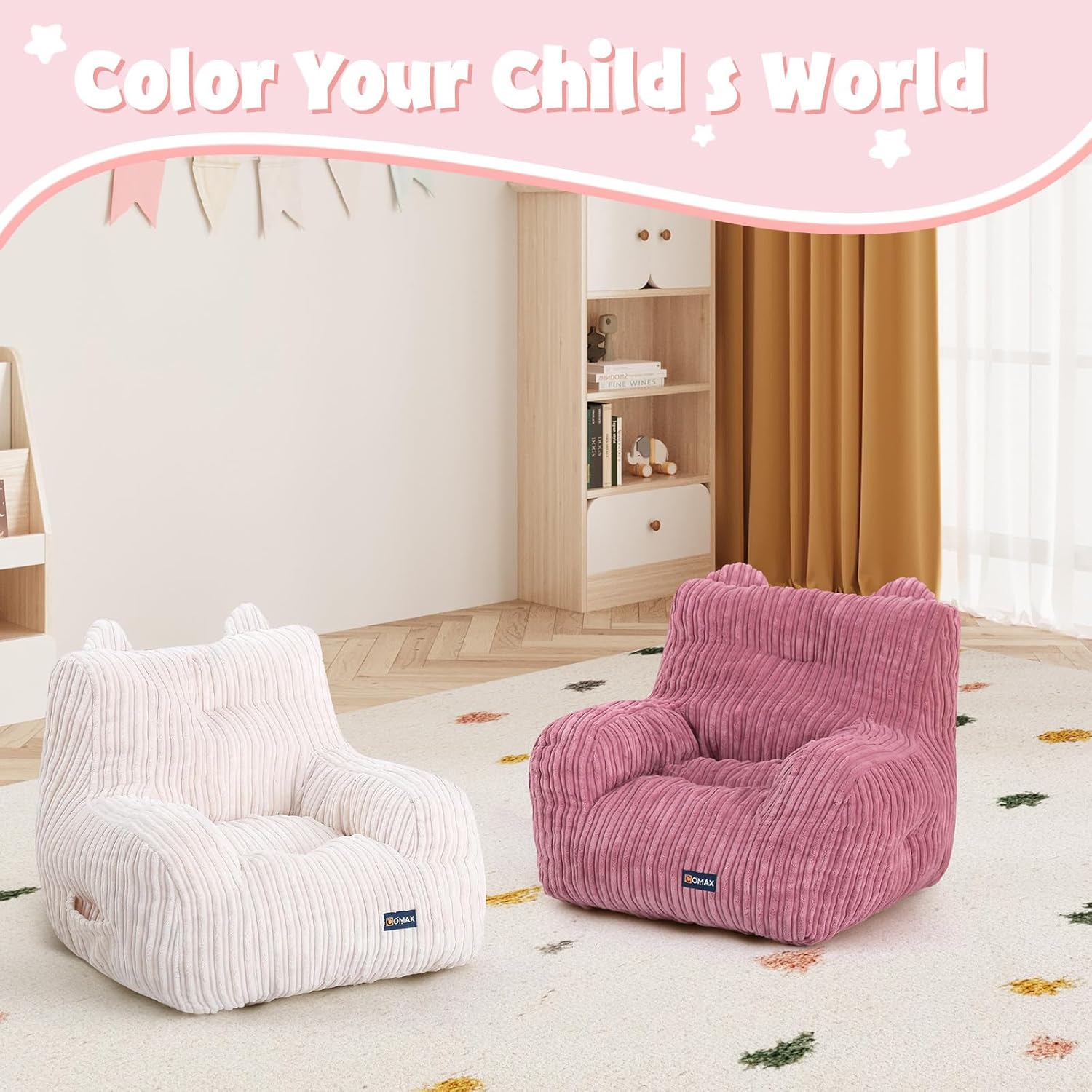 COMAX Bean Bag Chair for Kids, Kid Beanbag Chair Cute, Toddler Lazy Chair with Shredded Foam Filling, Stuffed Floor Sofa Couch with Pocket for Boys and Girls, Pink