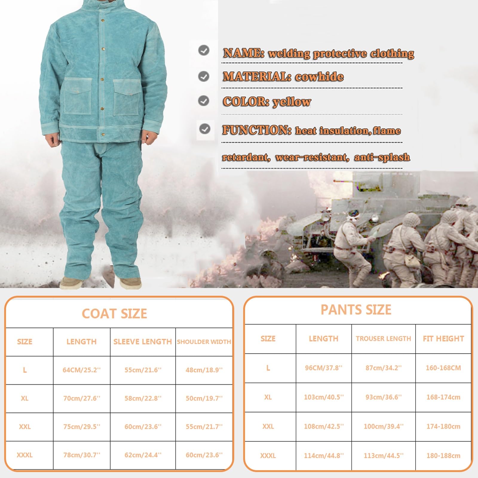 Combinaison De Travail De Soudage Manteau De Travail En Cuir De Vache Fendu Très Résistant Et Pantalon De Soudage Résistant À La Chaleur Et À La Flamme Pour Soudeur Menuisier(L)