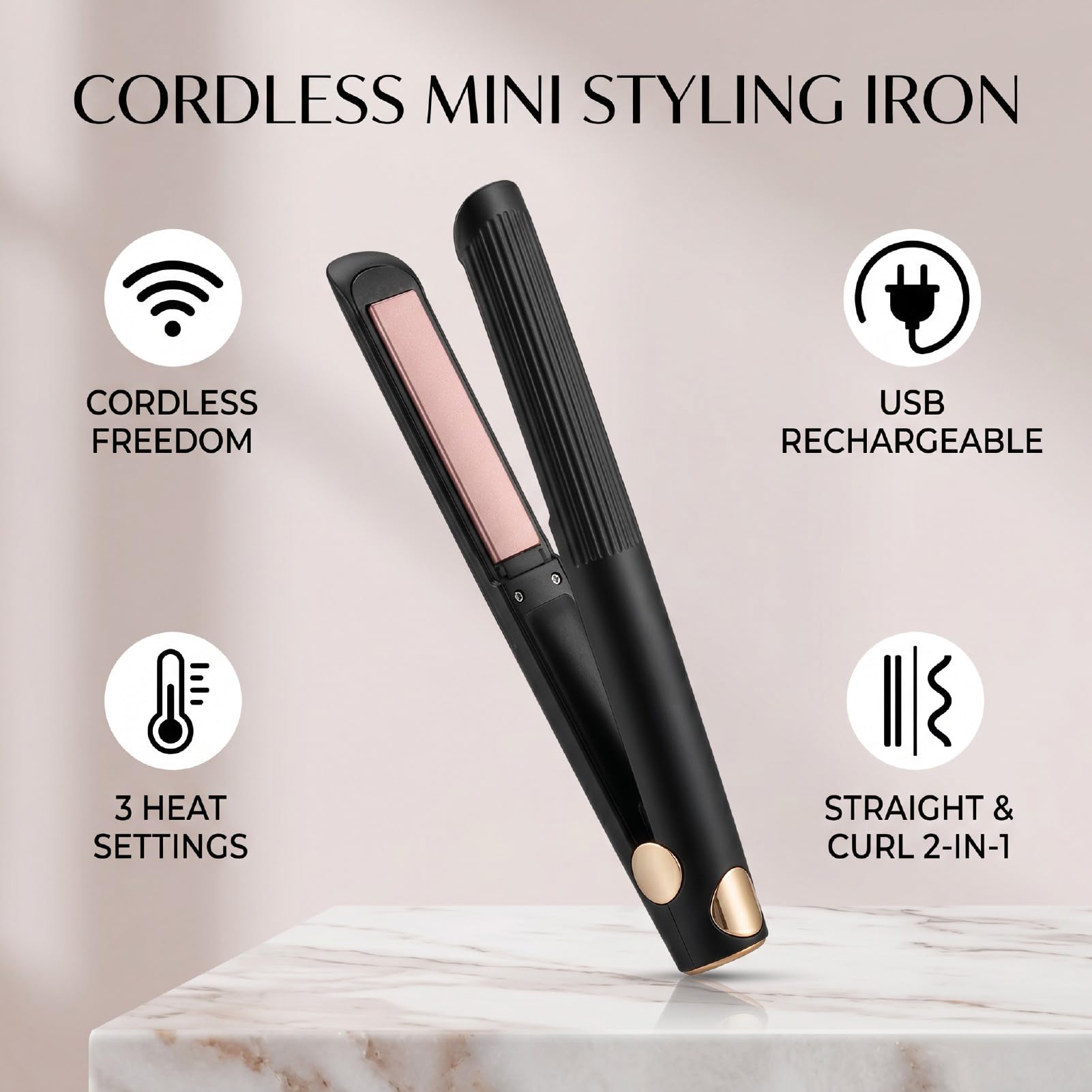 ZJchao Kabelloser Haarglätter, USB Wiederaufladbarer Mini-Glätteisen mit 3 Temperatureinstellungen 160-200°C, für Reisen, Wohnheim, Salon (BLACK)