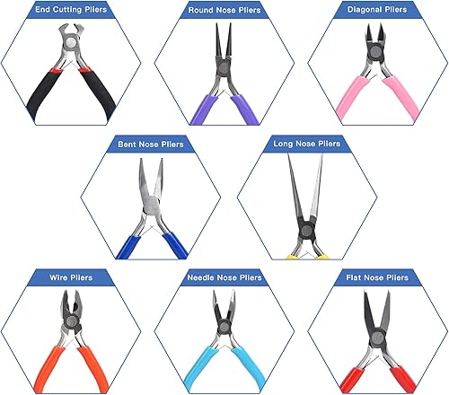 Miniatura 3 de Supkiir Juego de 8 alicates para hacer joyas con bolsa, alambre, diagonal, corte de extremo, nariz larga, planos, doblados, alicates de punta redonda
