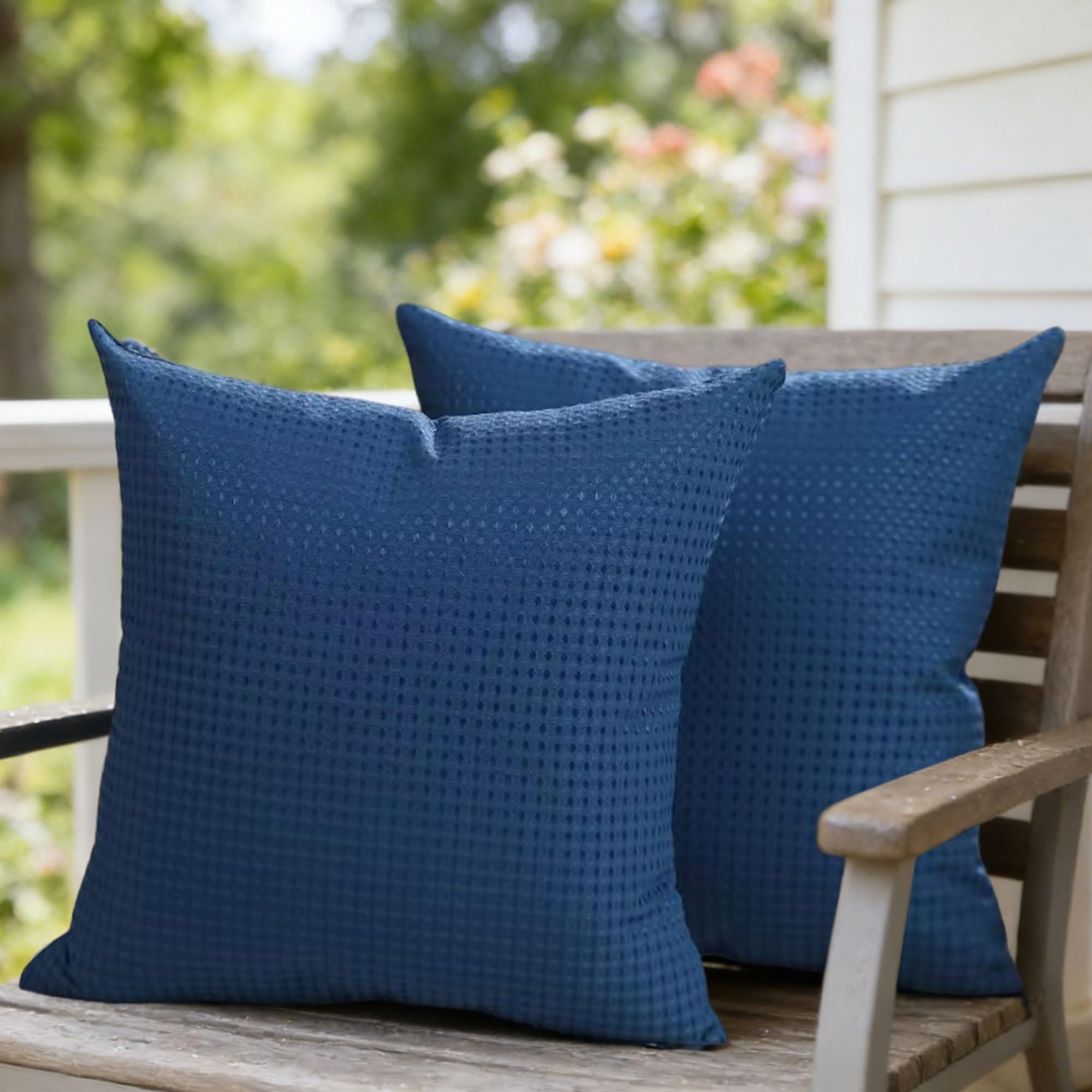 DFXSZ Outdoor Pillow Covers 18X18 Inch Set of 2 Dark Blue Waffle Textured Pillow Covers Summer Pillow Covers Outdoor Polyester Waterproof Decor for Patio Funiture Garden 025A18-image-12